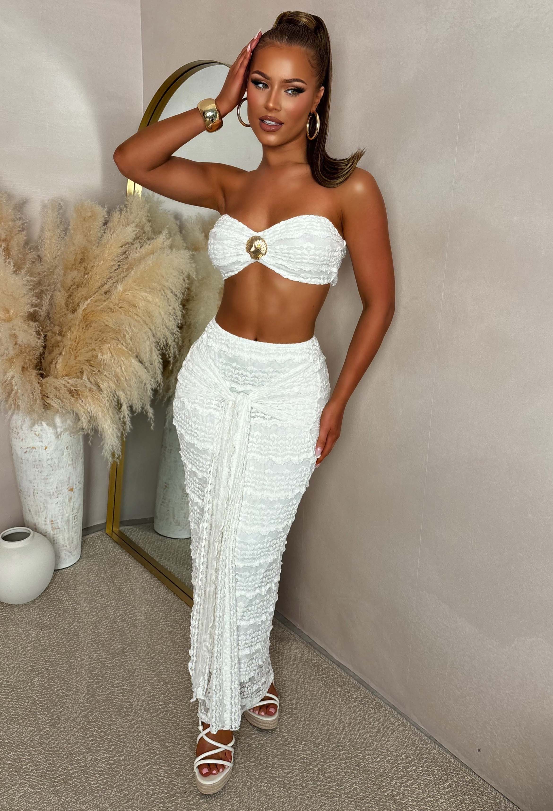 Sea Me Tonight White Seashell Detail Textured Co-ord Set