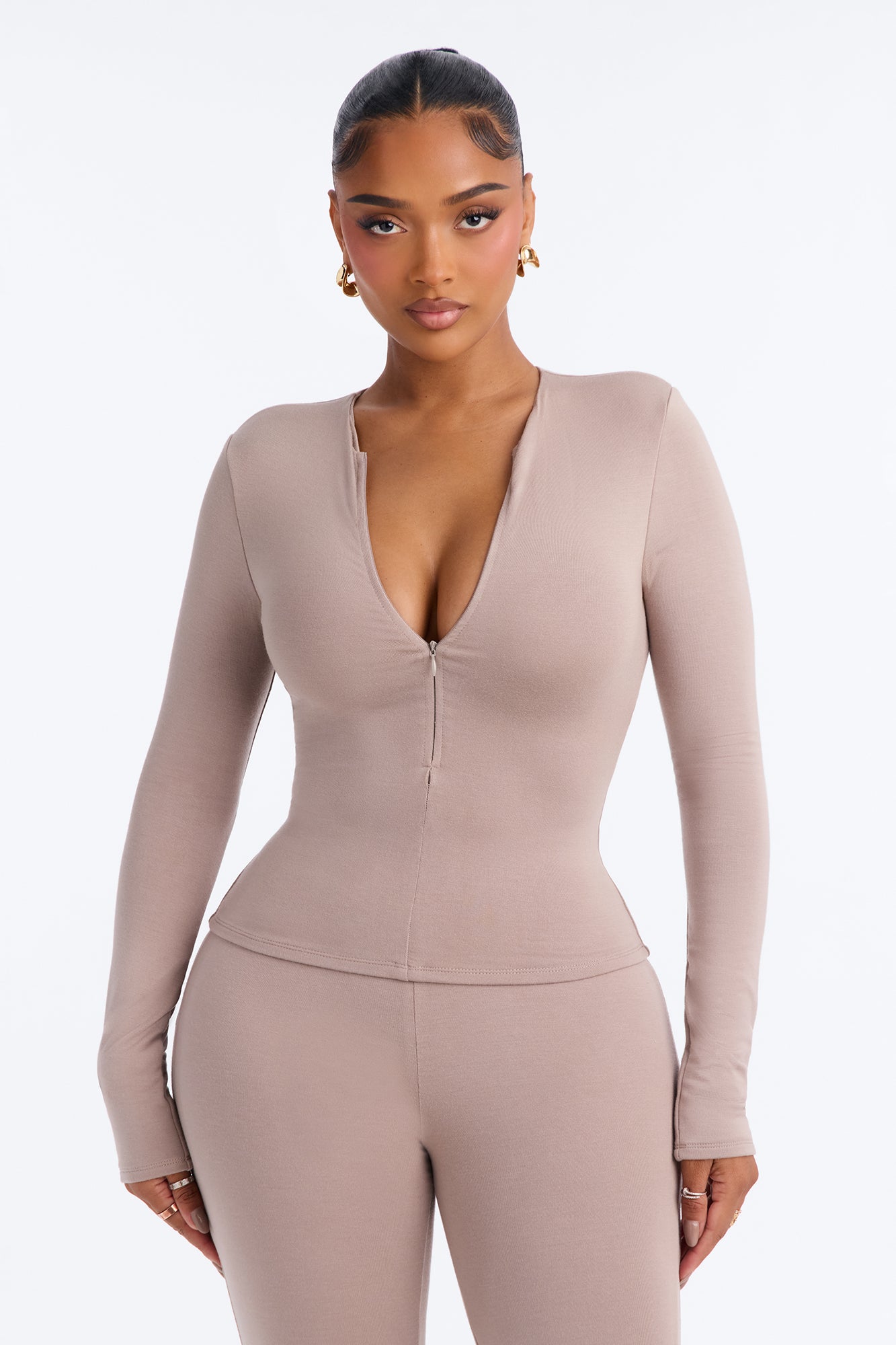 Emily Premium Modal Front Zip Long Sleeve Top - Stone