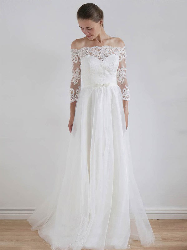 Elegant A-Line Off-The-Shoulder 3/4 Long Sleeves Tulle Lace Floor-Length Wedding Dresses