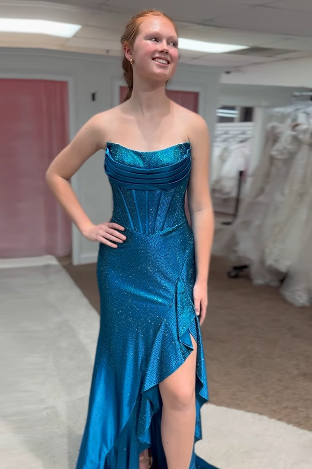 Long Strapless Dark Blue Beaded Prom Corset Dress with Sparkly Slit