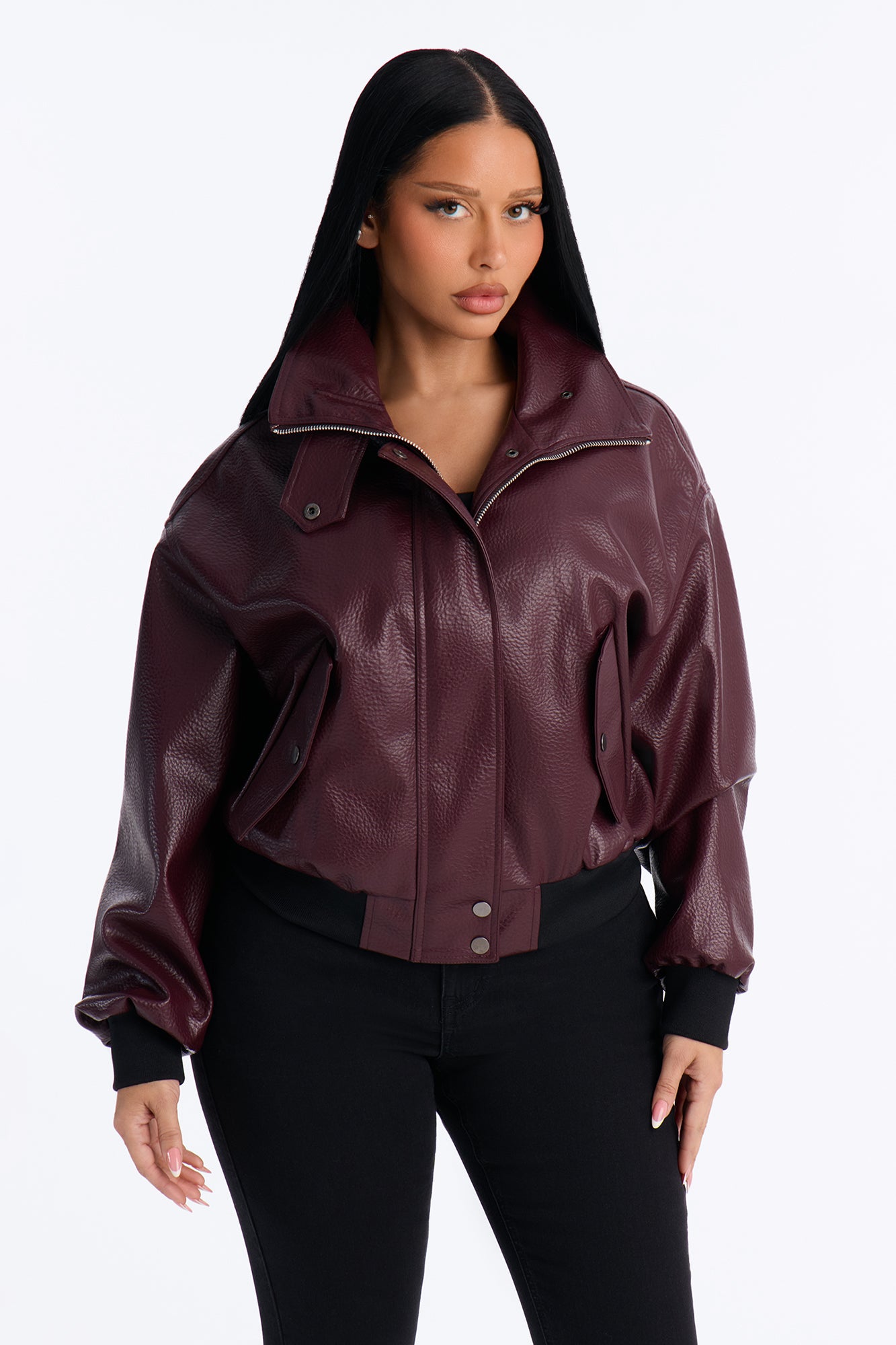 Hailey Faux Leather Funnel Neck Bomber - Burgundy