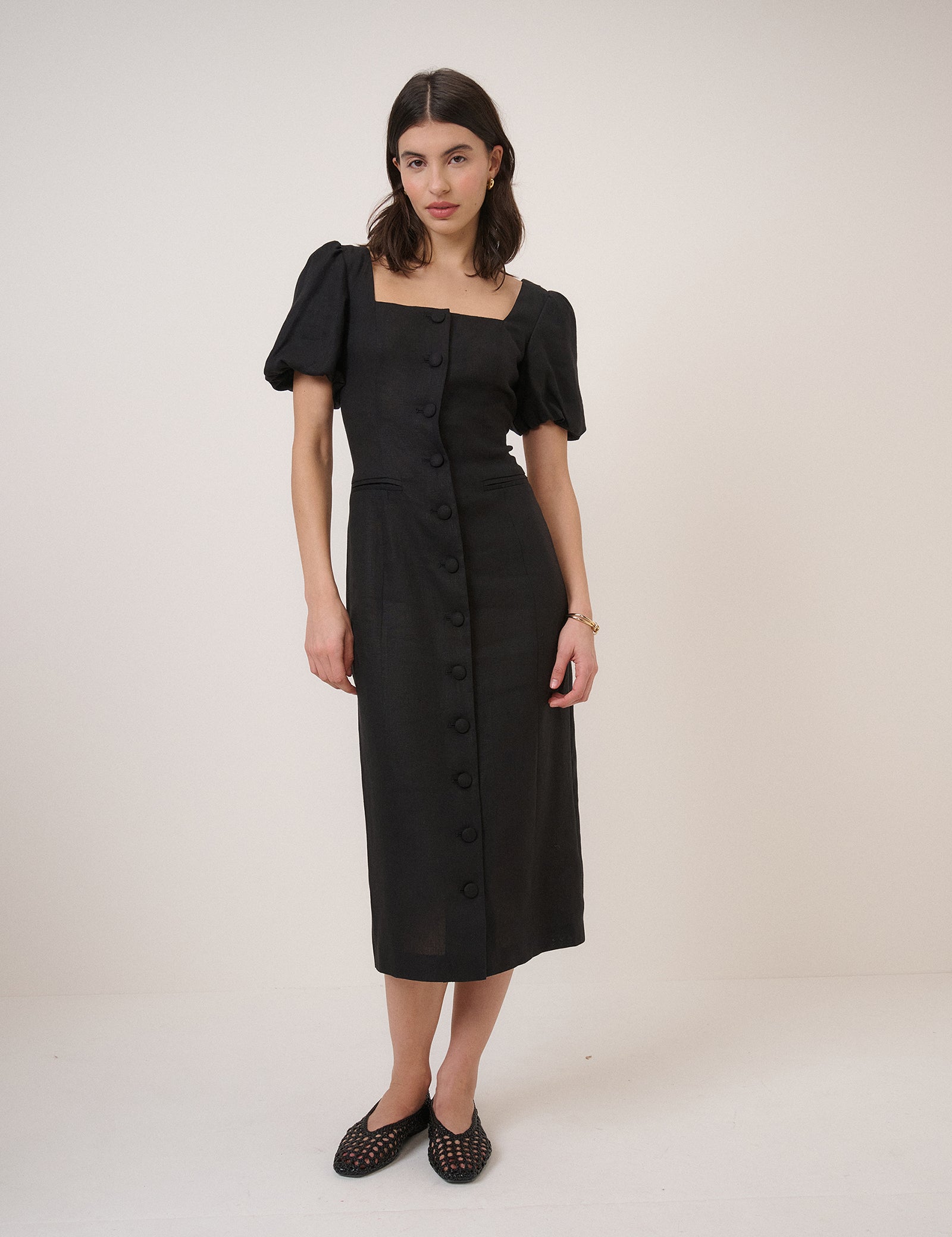 Black Linen-Rich Puff Sleeve Midi Dress