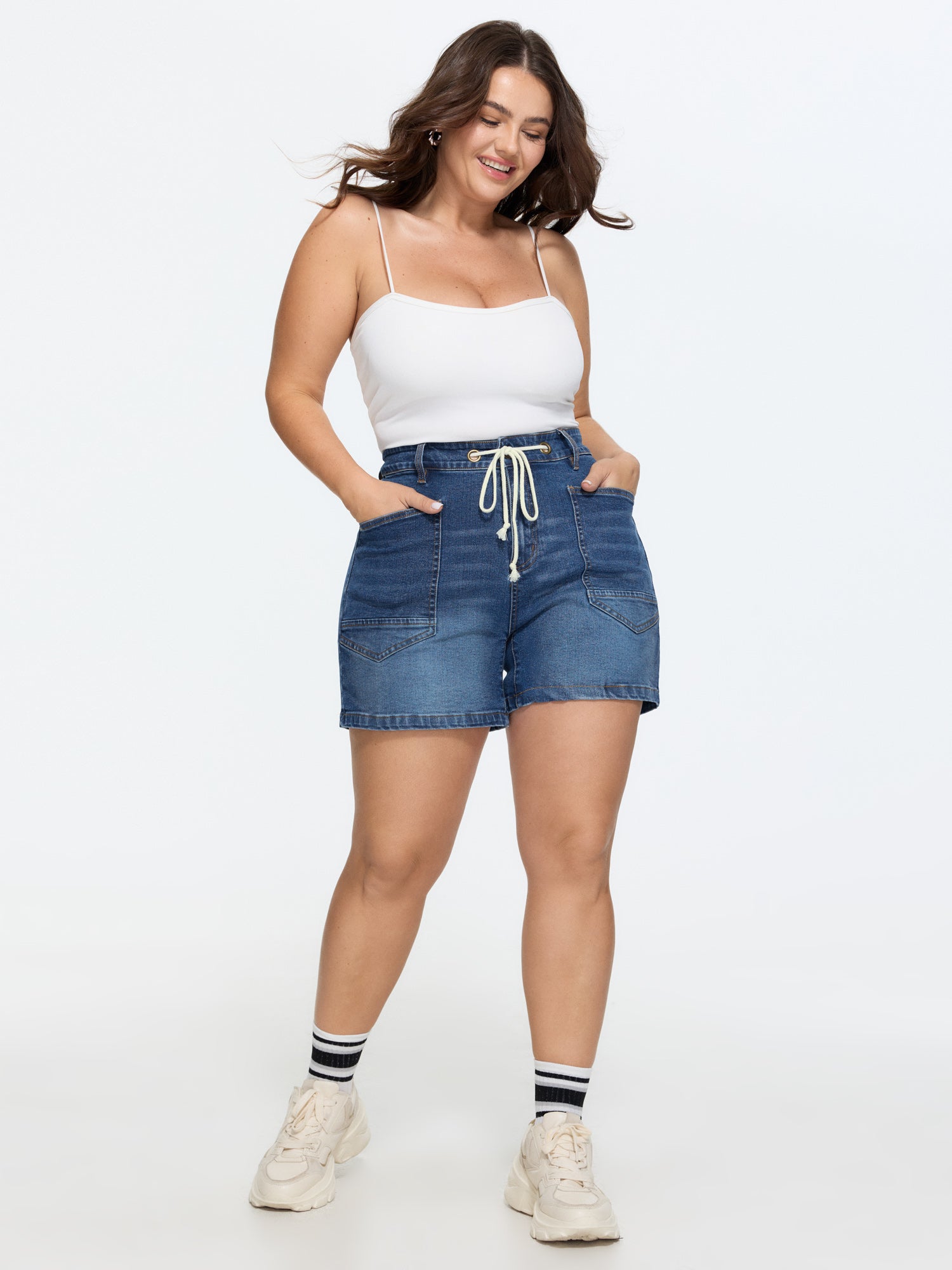 Stretchy Drawstring Straight-Leg Denim Shorts