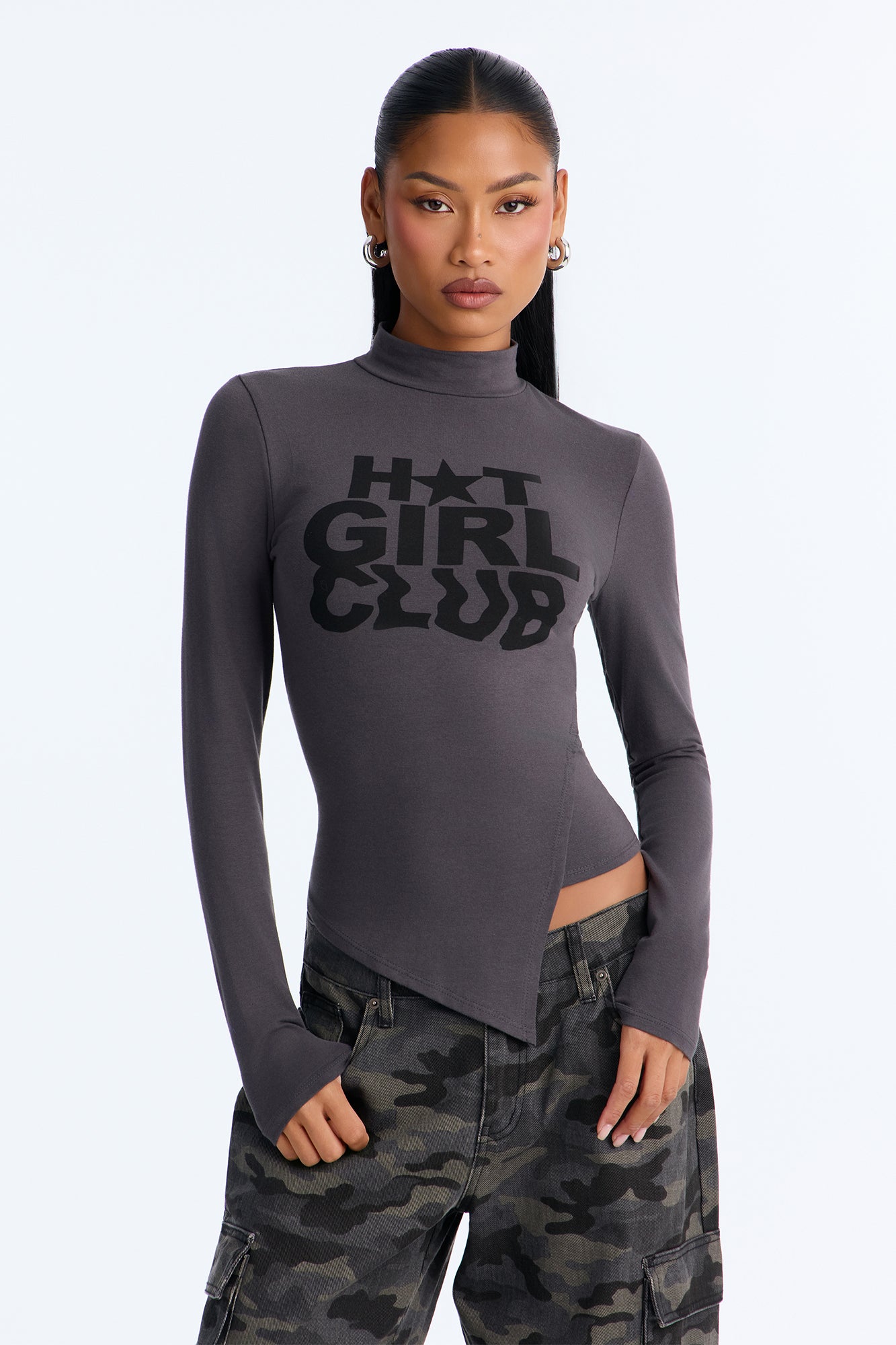 Hot Girl Club Asymmetrical Top - Charcoal