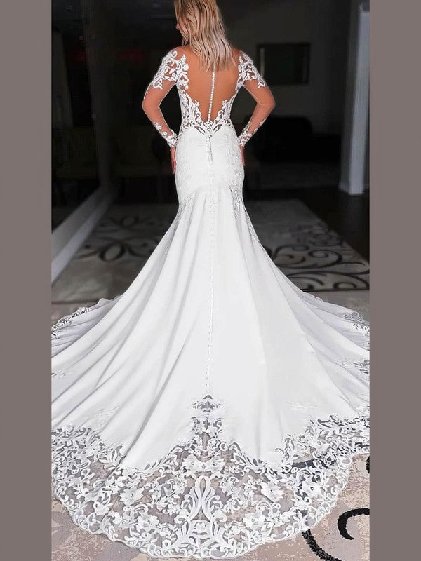 Tredny Mermaid Long Sleeves Stretch Satin Lace Court Train Wedding Dresses