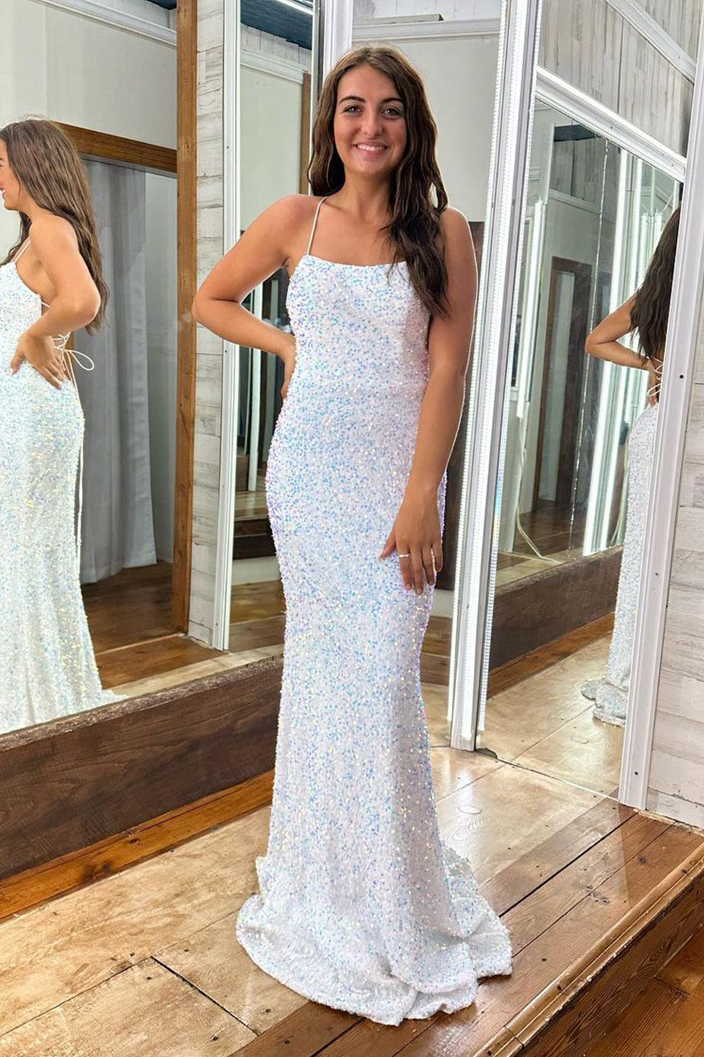 White Sequin Plus Size Prom Dress with Mermaid Silhouette and Criss Cross Spaghetti Straps