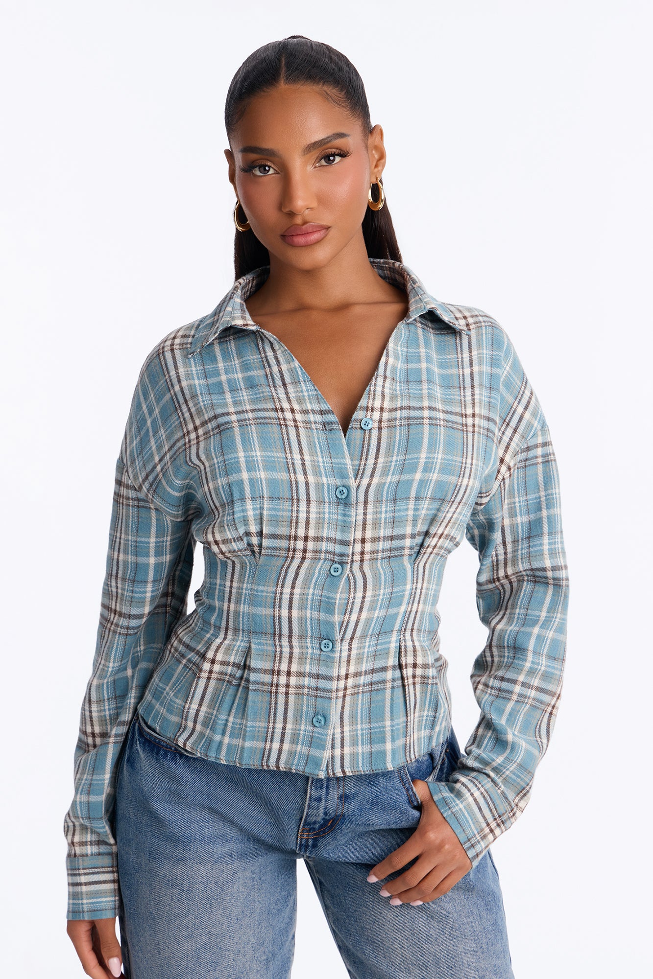 Jenna Cinched Waist Plaid Shirt - Blue/combo