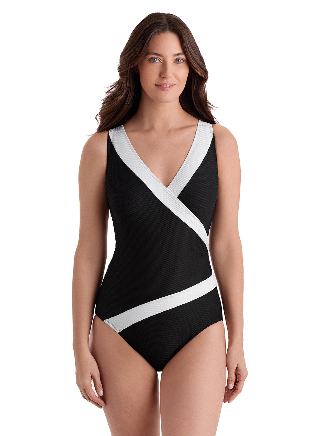 Longitude Women's Long Torso Texture Luxe Side Shirred Surplice One Piece Swimsuit