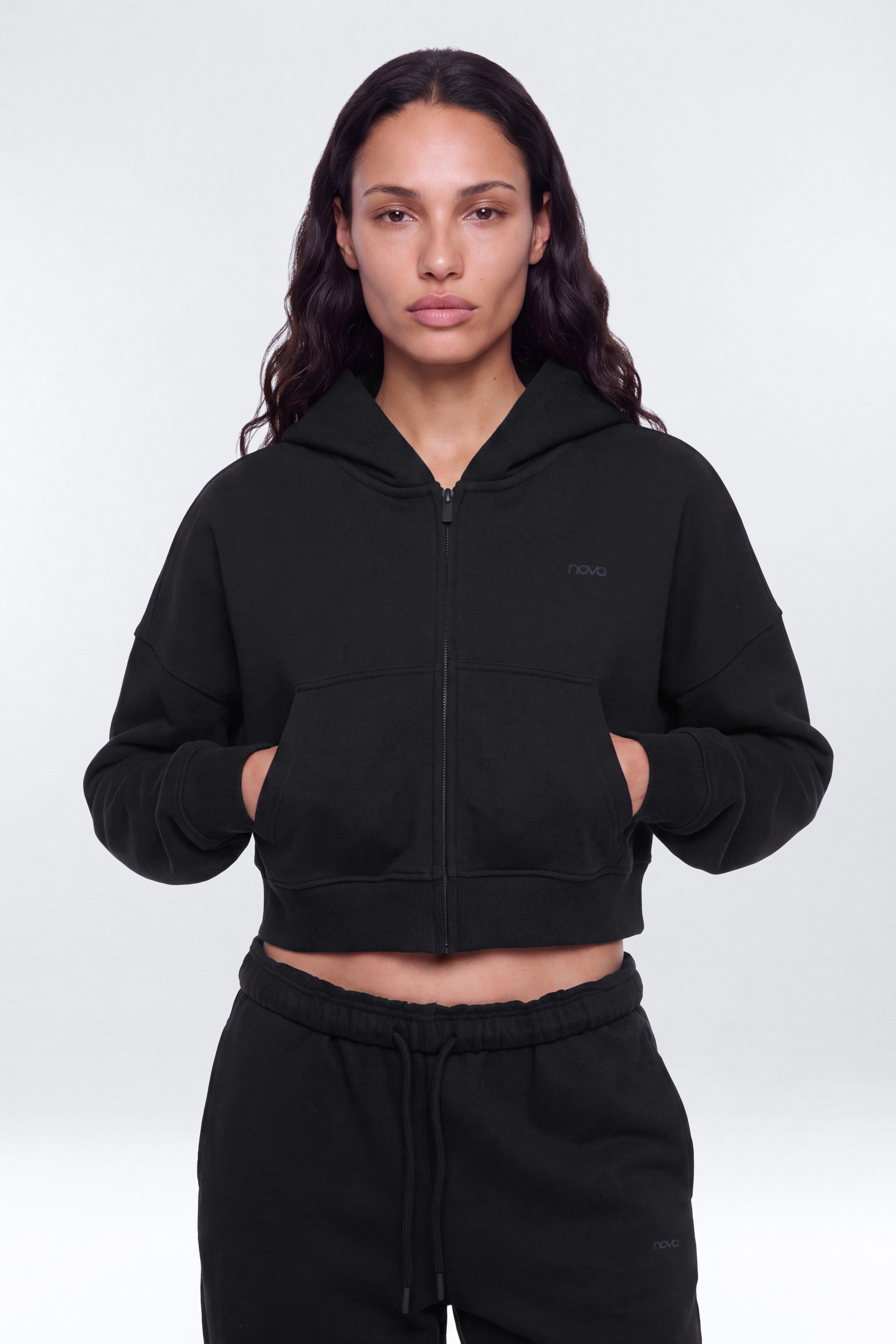 CoreFleece Essential Boxy Crop Zip Hoodie - Rich Black