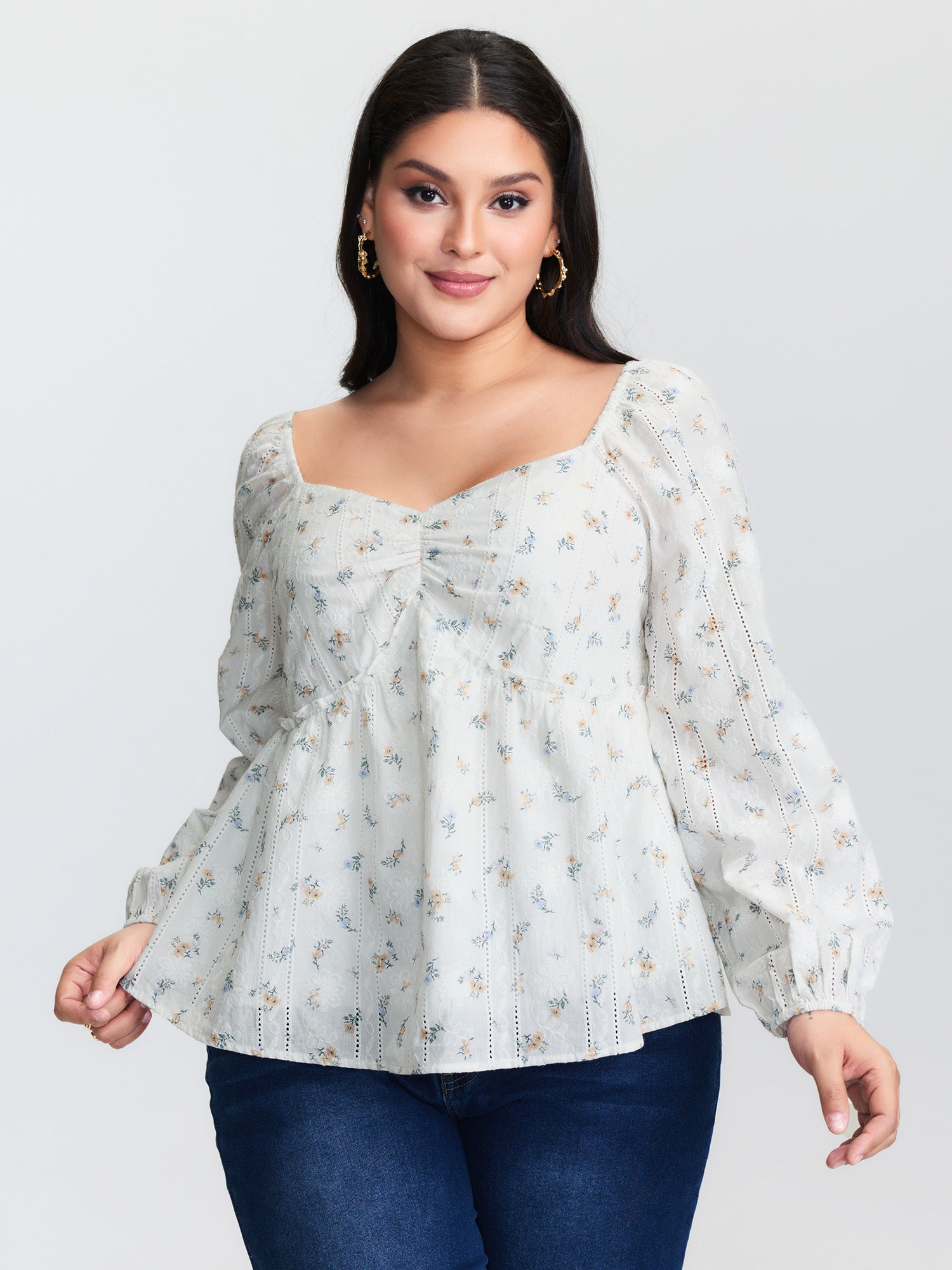 Cotton Floral Sweetheart Neckline Ruched Blouse
