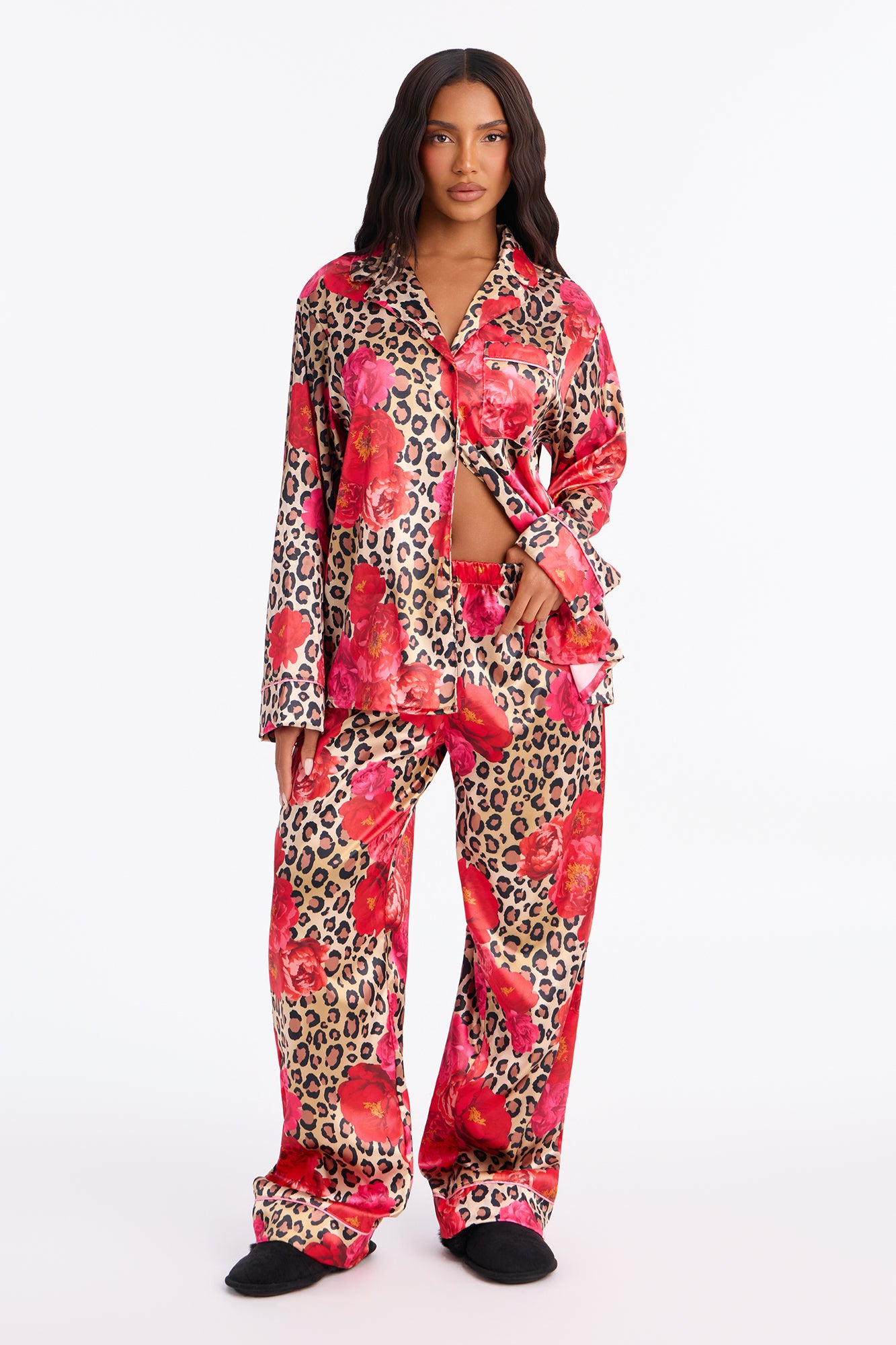 Bedtime Lux Stretch Satin Long Sleeve PJ Pant Set - Brown/combo