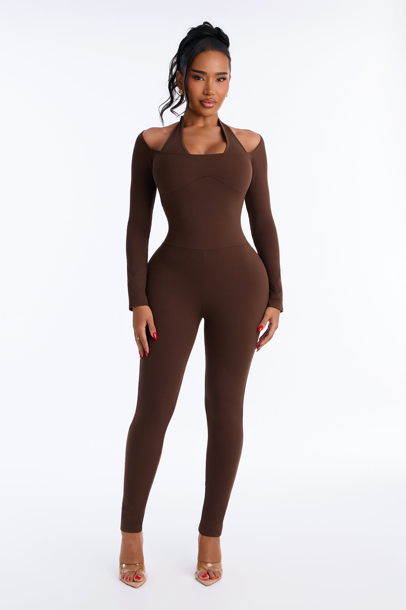 Keep Them Guessing Skinny Leg Jumpsuit - Chocolate