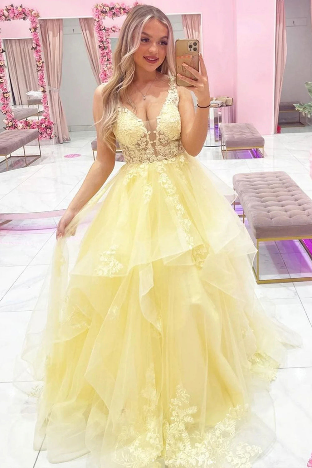 Yellow Long Prom Dress with Appliques in a Deep V-Neck A-Line Style