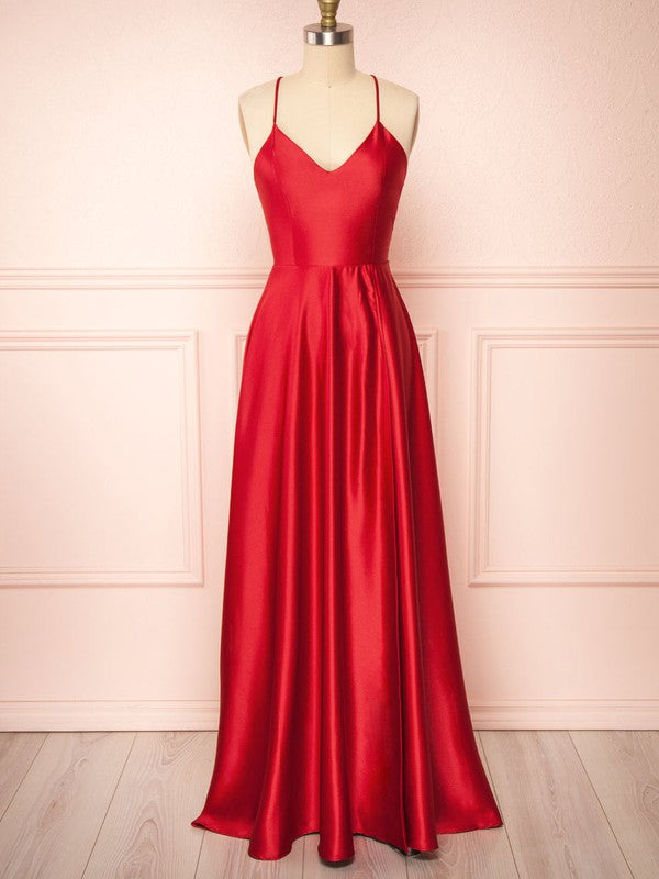 Stunning A-Line V-Neck Sleeveless Satin Floor-Length Bridesmaid Dresses