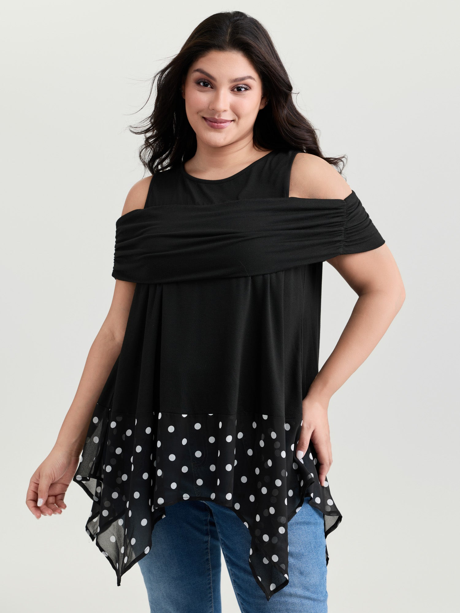 Supersoft Polka Dots High Low Hem Ruched T-Shirt