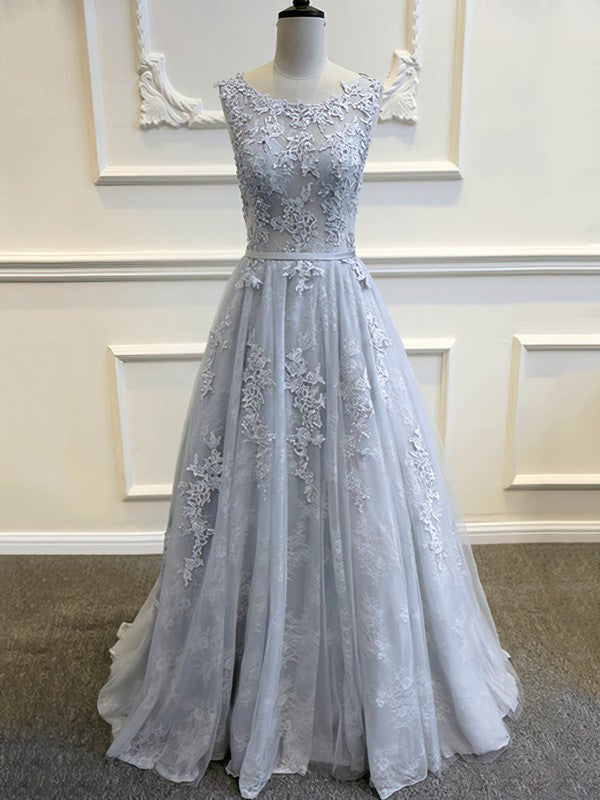 Elegant Ball Gown Lace Crew Neck Sleeveless Sweep Train Wedding Dresses