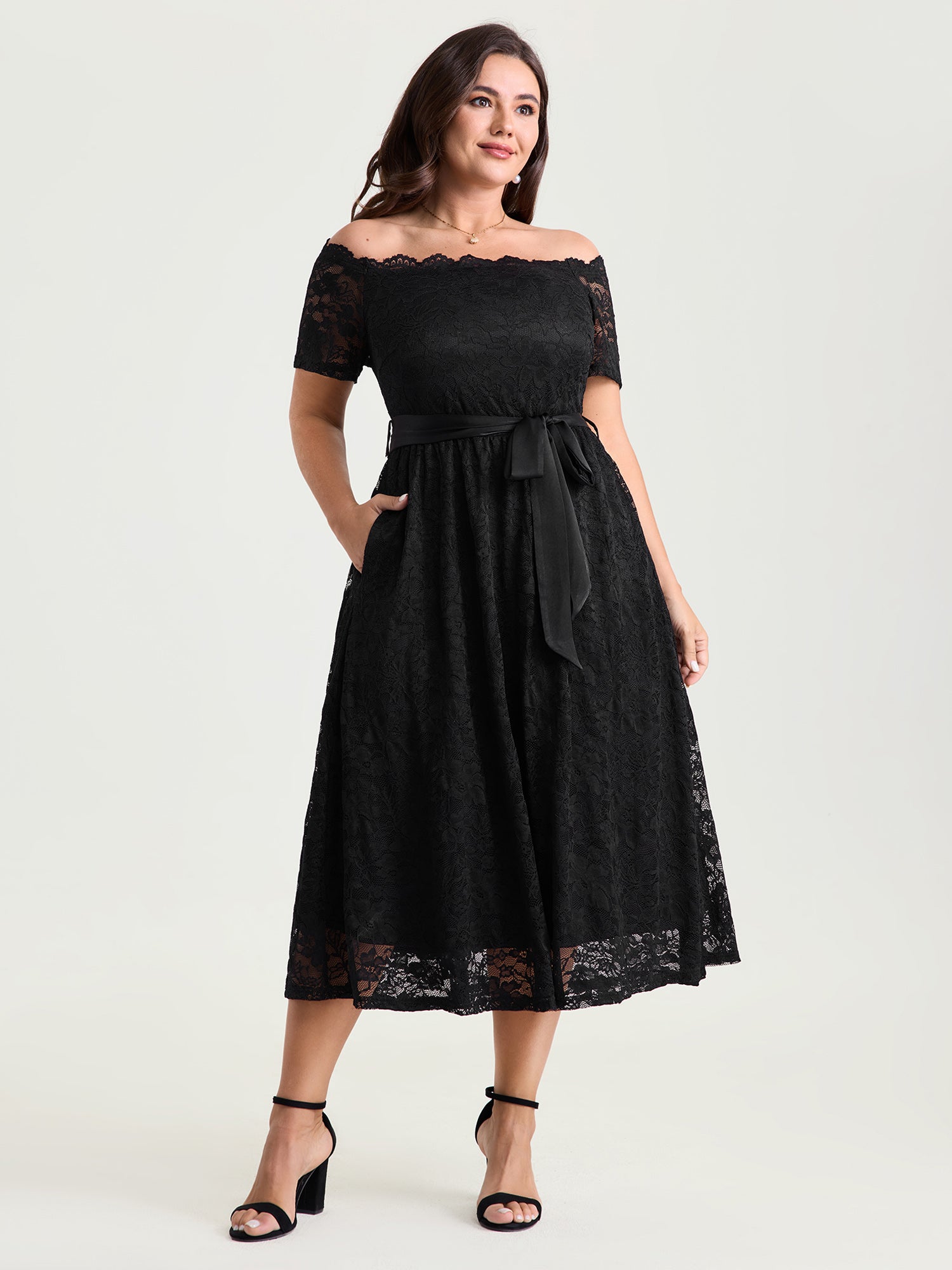 Sensational Lace Stretchy Waist Tie Midi Dress