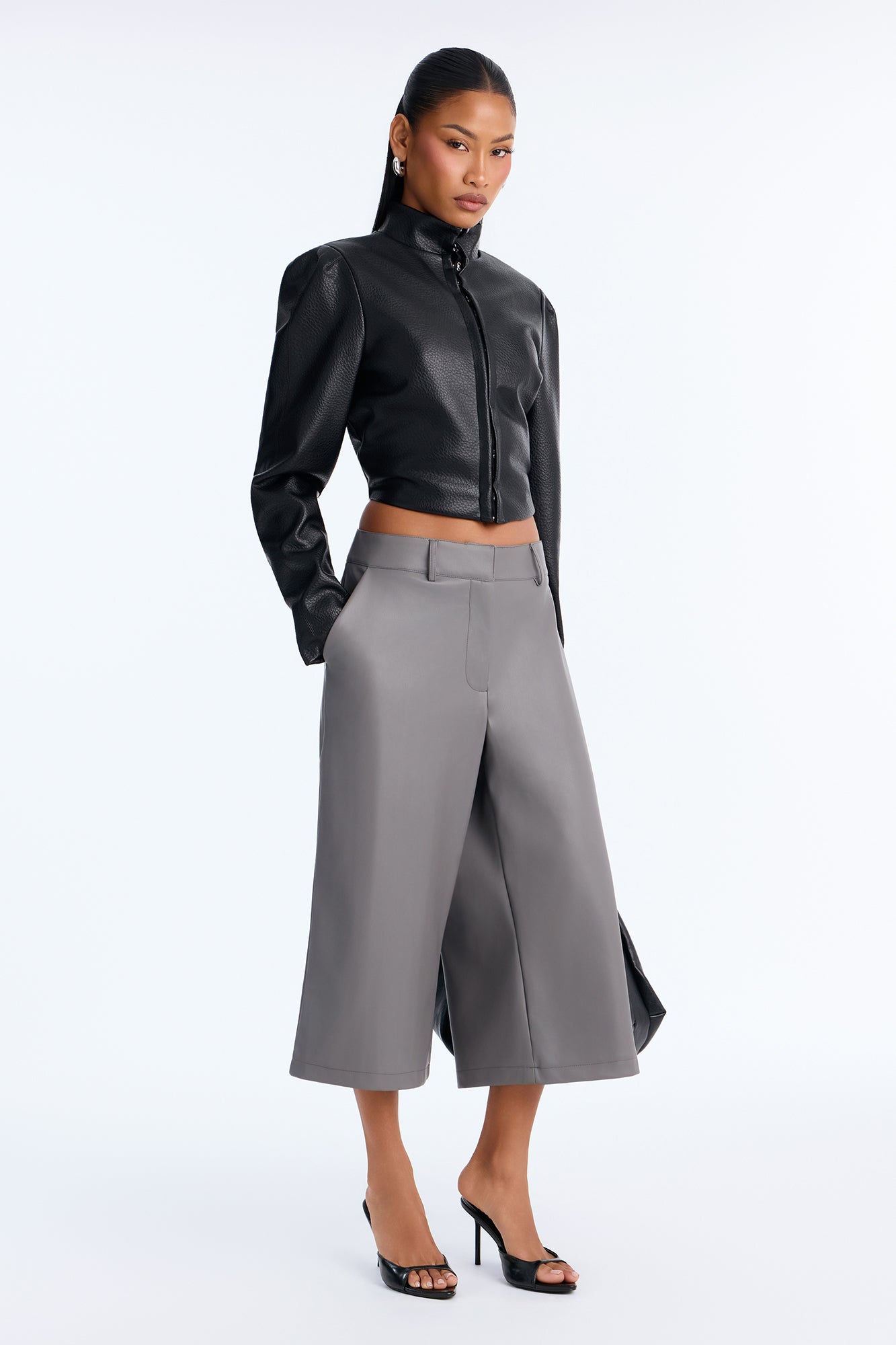 Candice Faux Leather Wide Leg Culotte - Grey