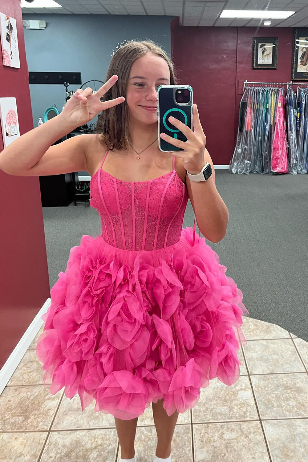 Fuchsia Corset Floral A-Line Short Homecoming Dress/Mini Dress with Lace