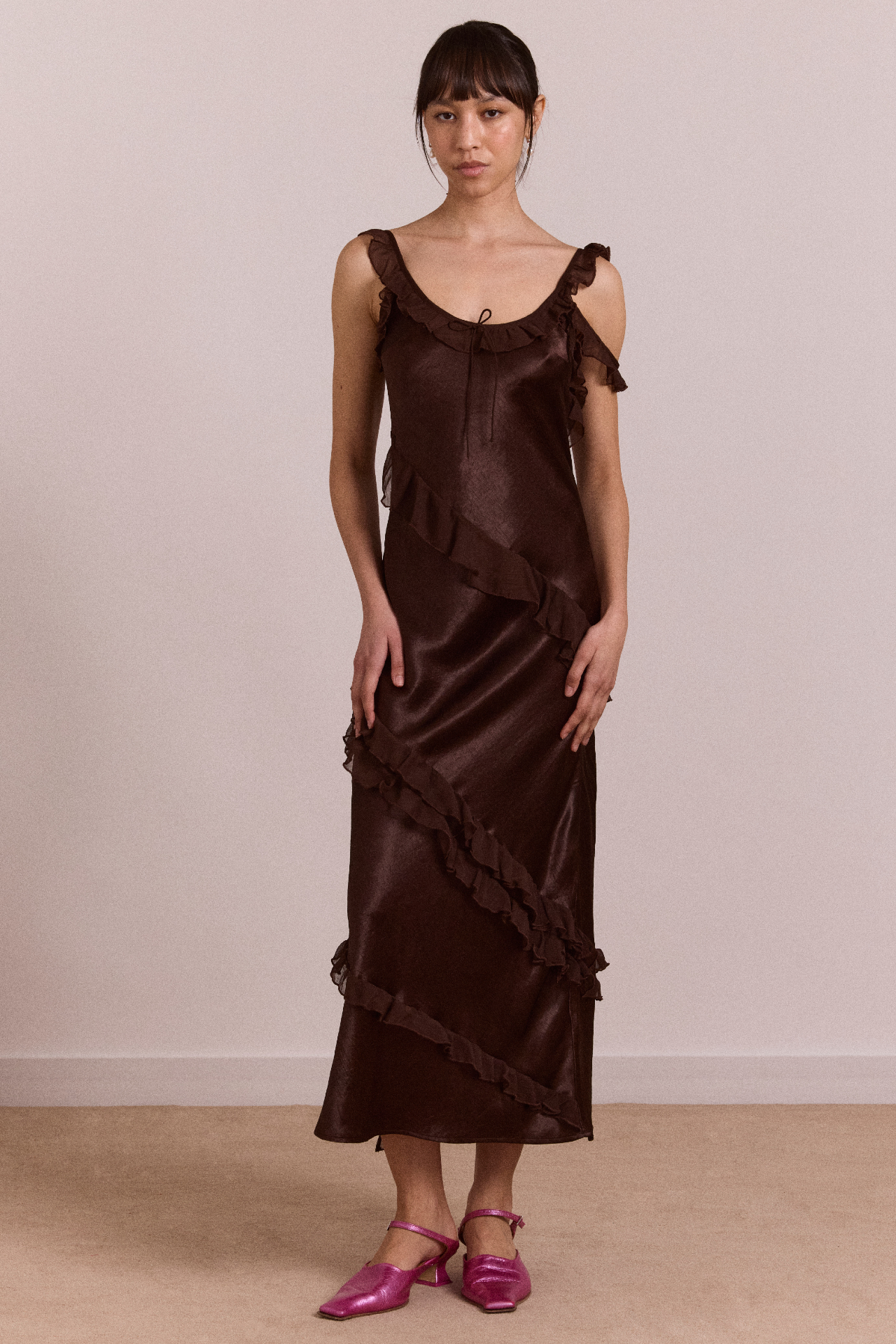 Carmen Midi Ruffle Dress With Sheer Top - Choc