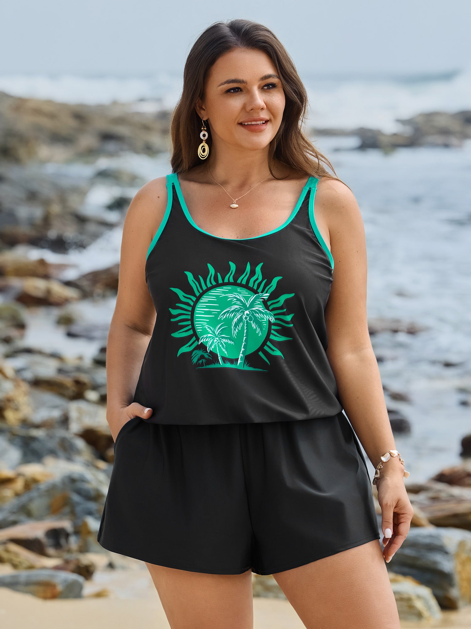 Island Print Pockets One-Piece Swimsuit