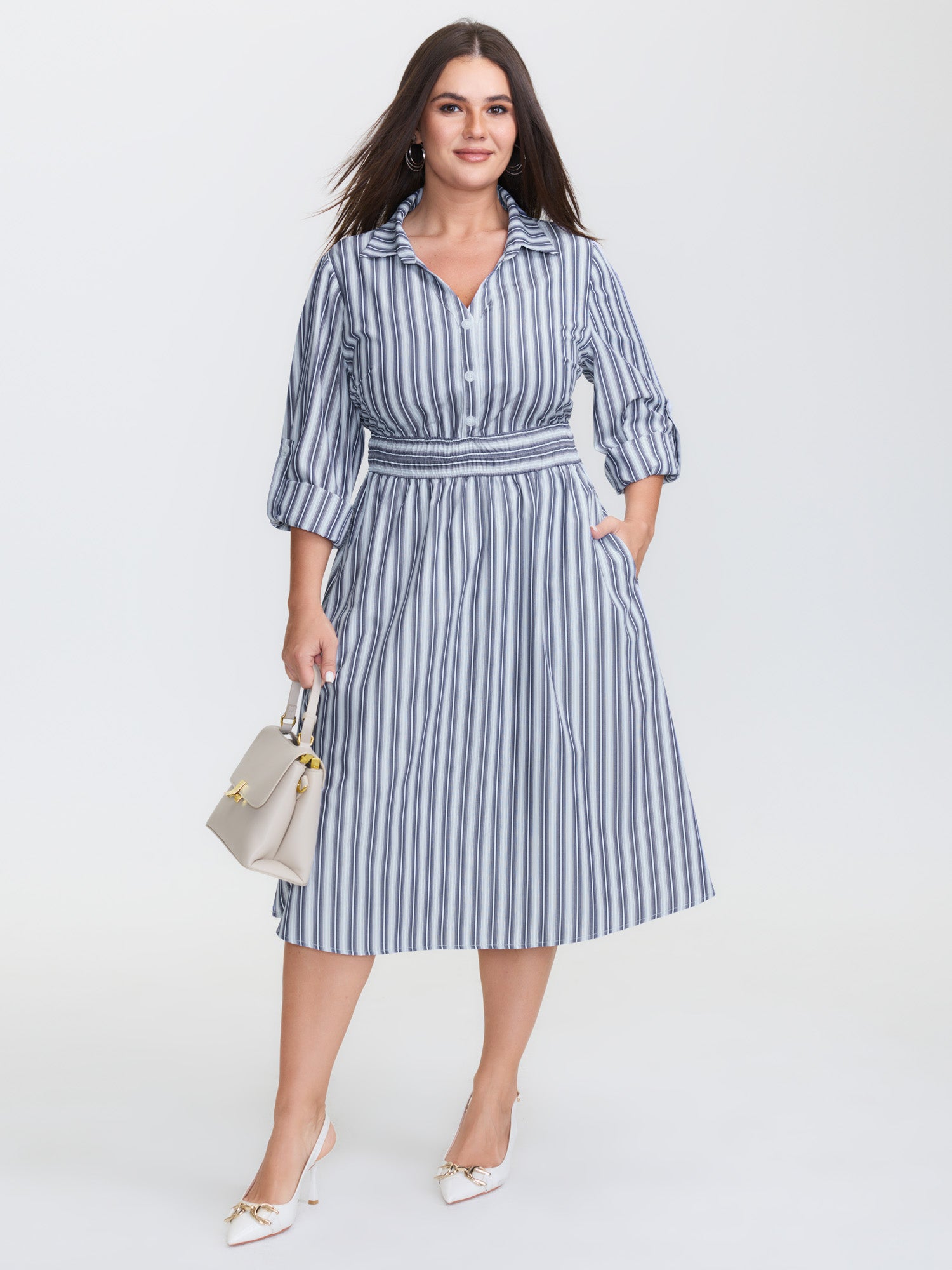 Monochrome Stripe Tab Sleeve Button Midi Dress