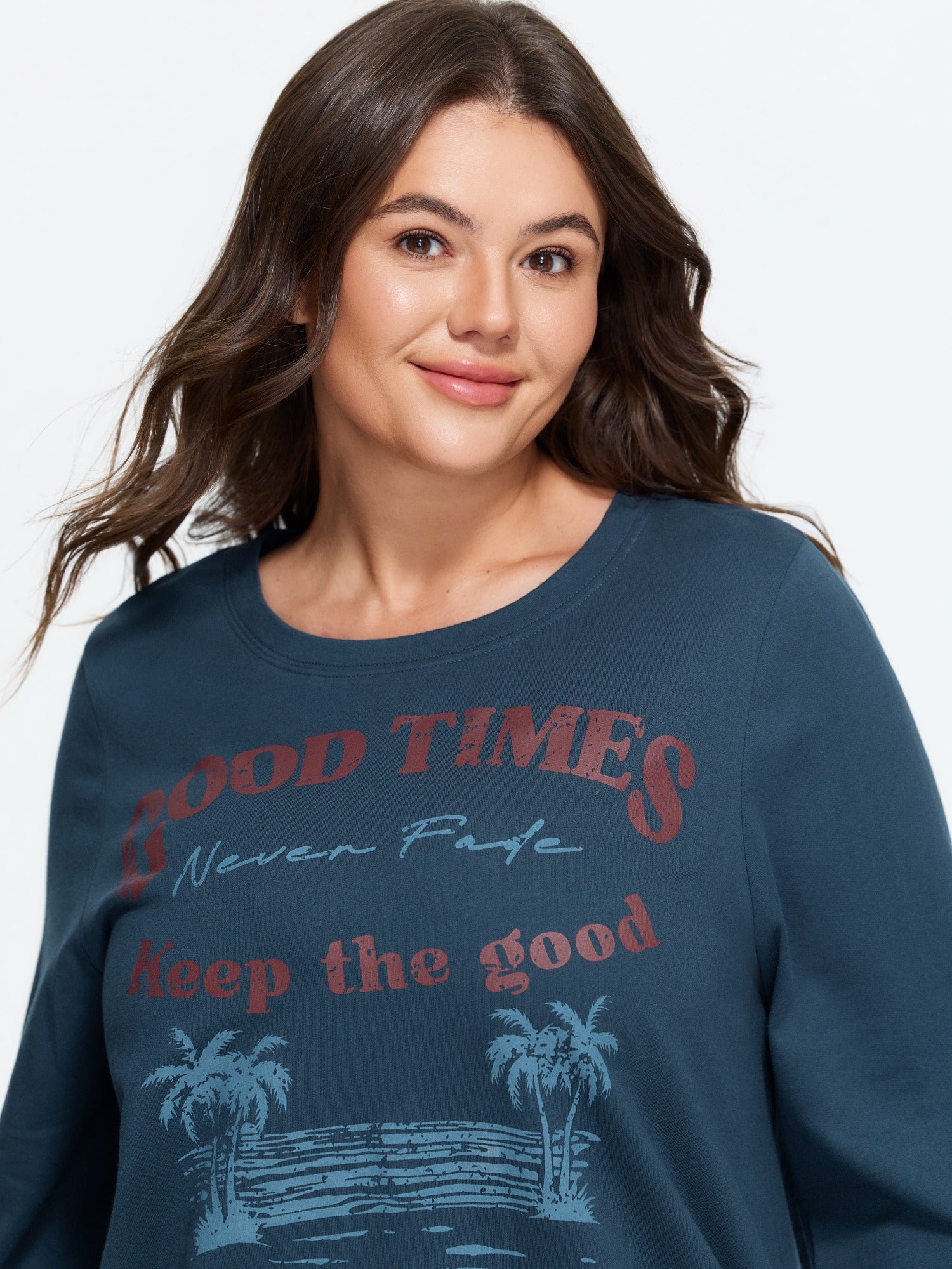 Cotton Coconut Tree Letter Print Crew Neck Sweatshirt