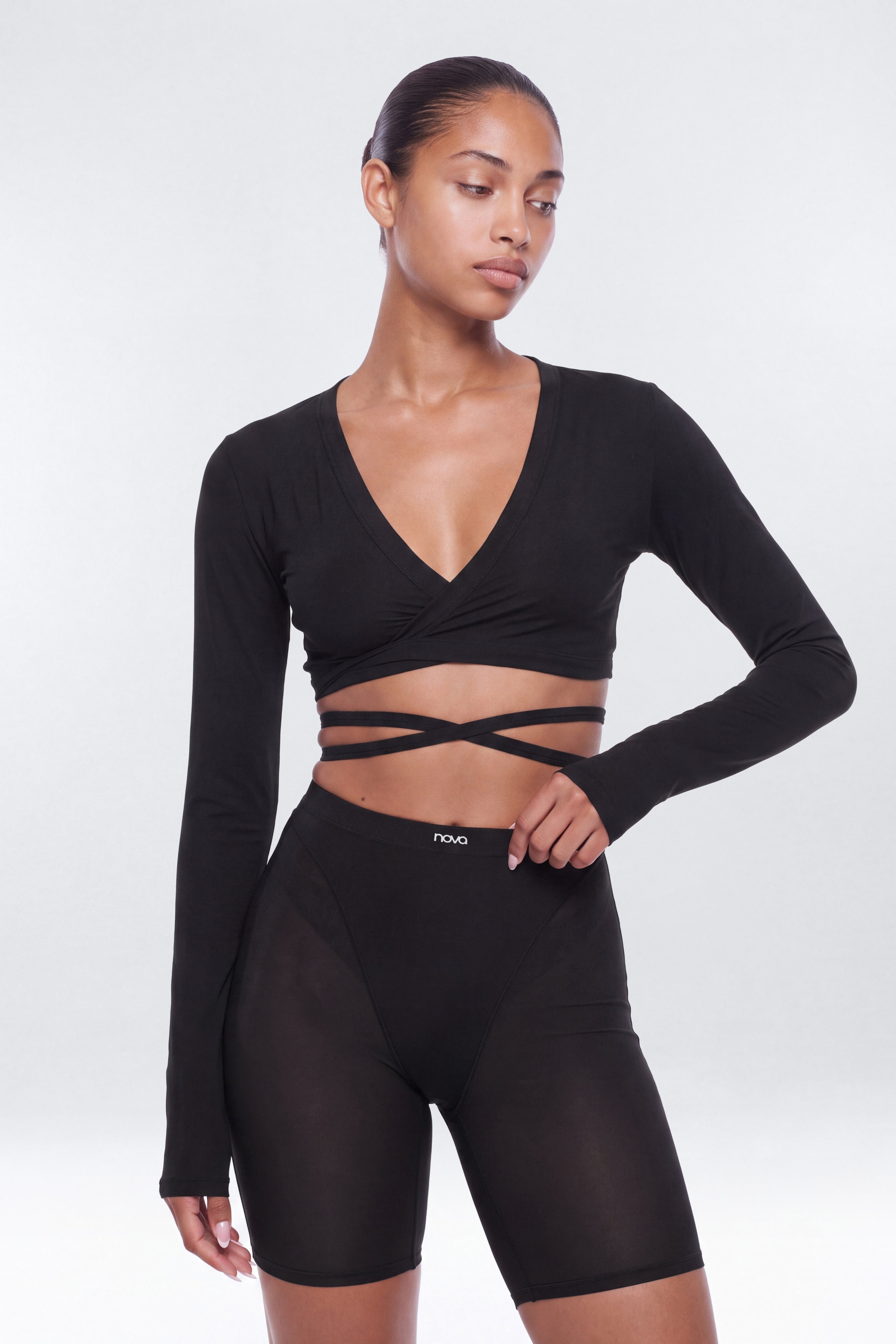 Active Sport Mesh Long Sleeve Wrap Top - Black