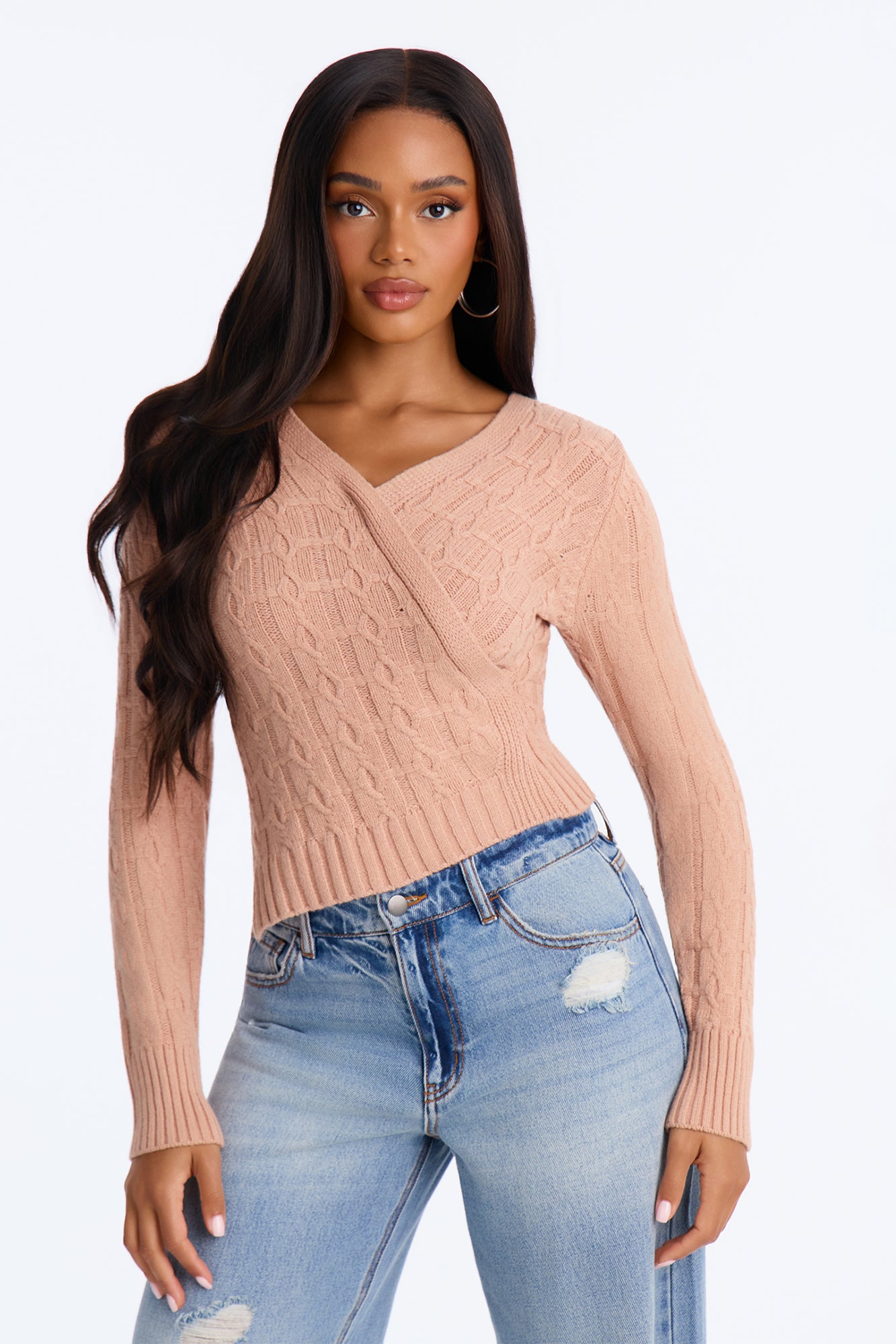 Kennedy Cable Knit Surplice Pullover Sweater - Taupe