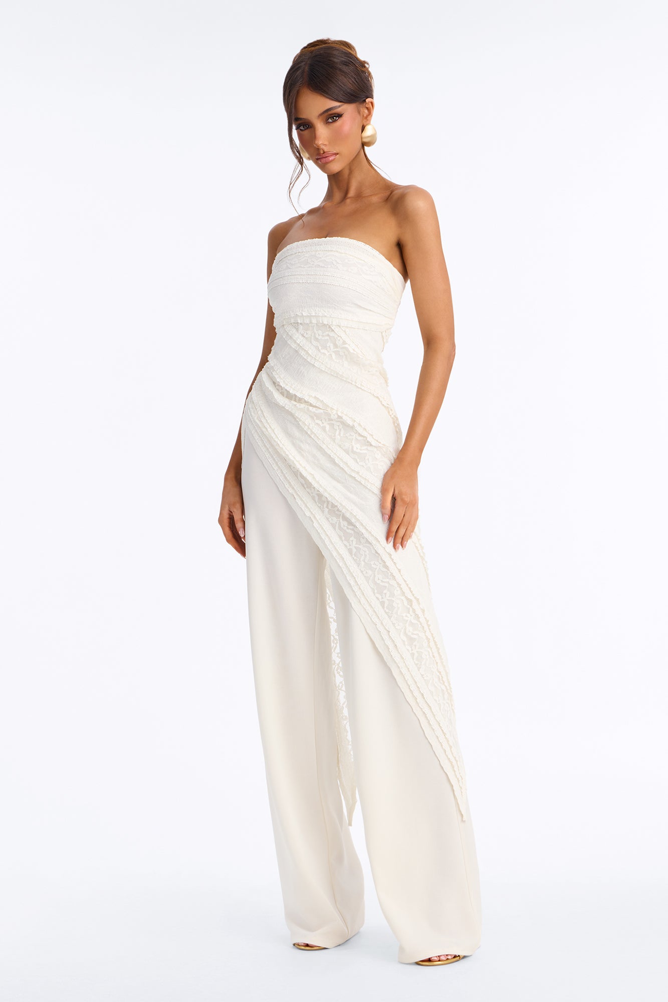Valeria Strapless Textured Wide Leg Jumpsuit - Ivory