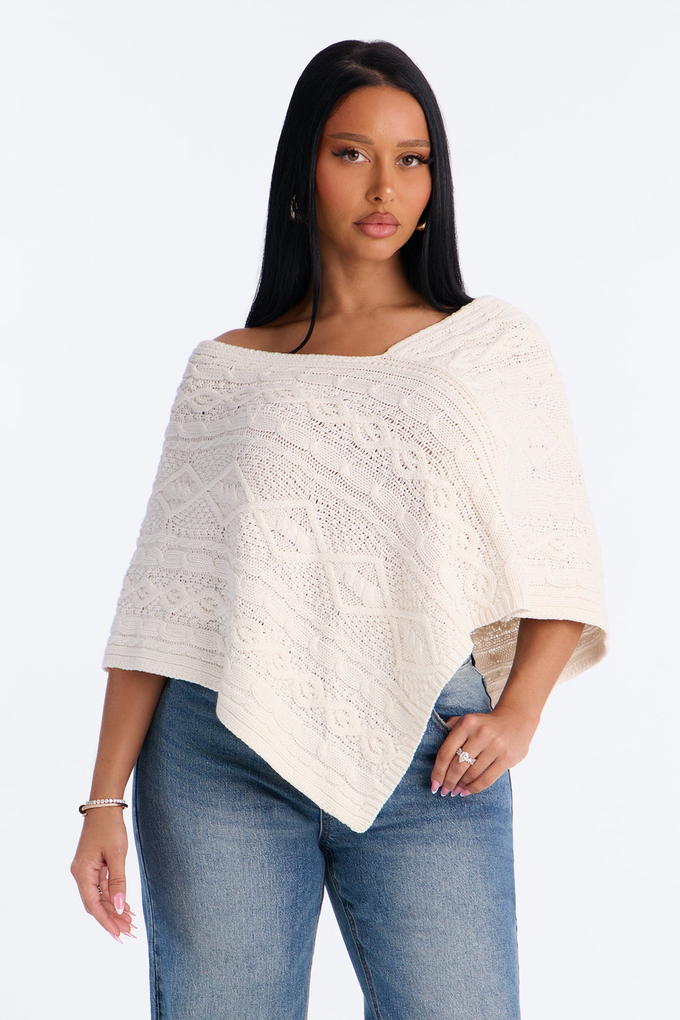 Mischa Cable Knit Poncho - Cream