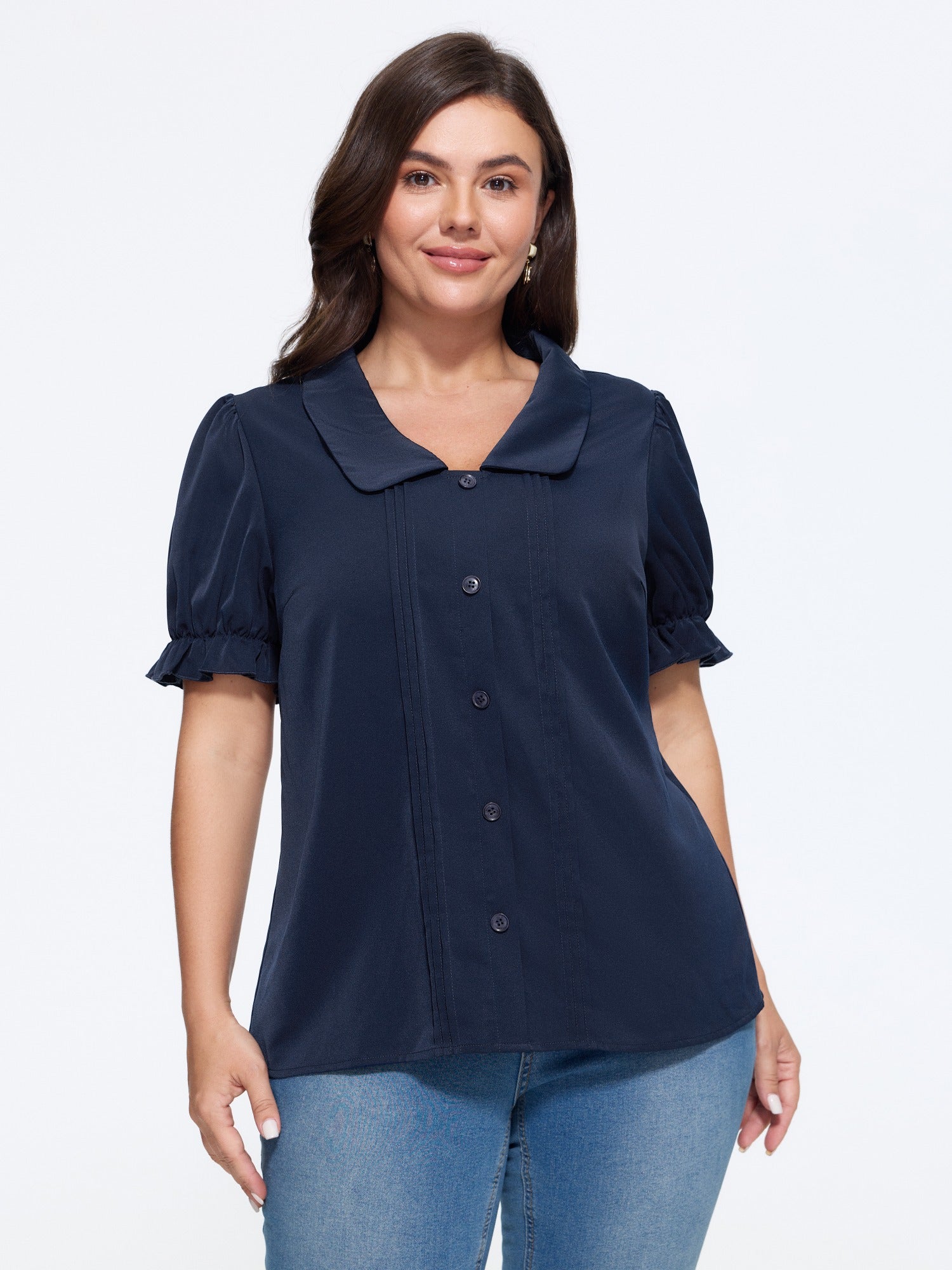 Puff Sleeve Ruffle Cuff Pleated Front Button Blouse