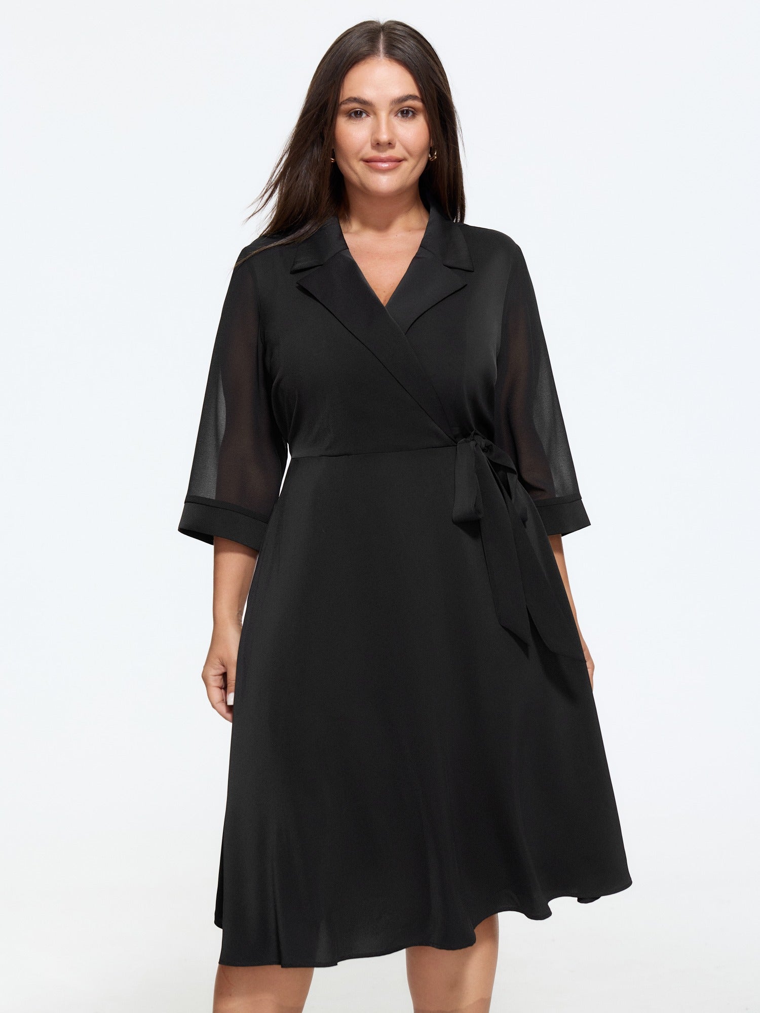 Sheer Wrap Tie‑Waist Midi Dress