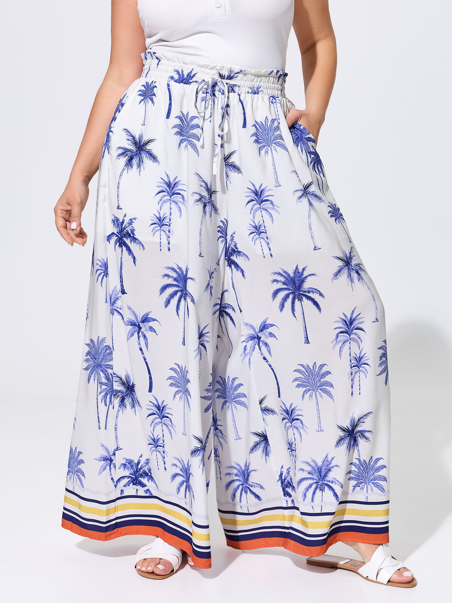 Palm Tree Print Wide Shirred Waistband Pants