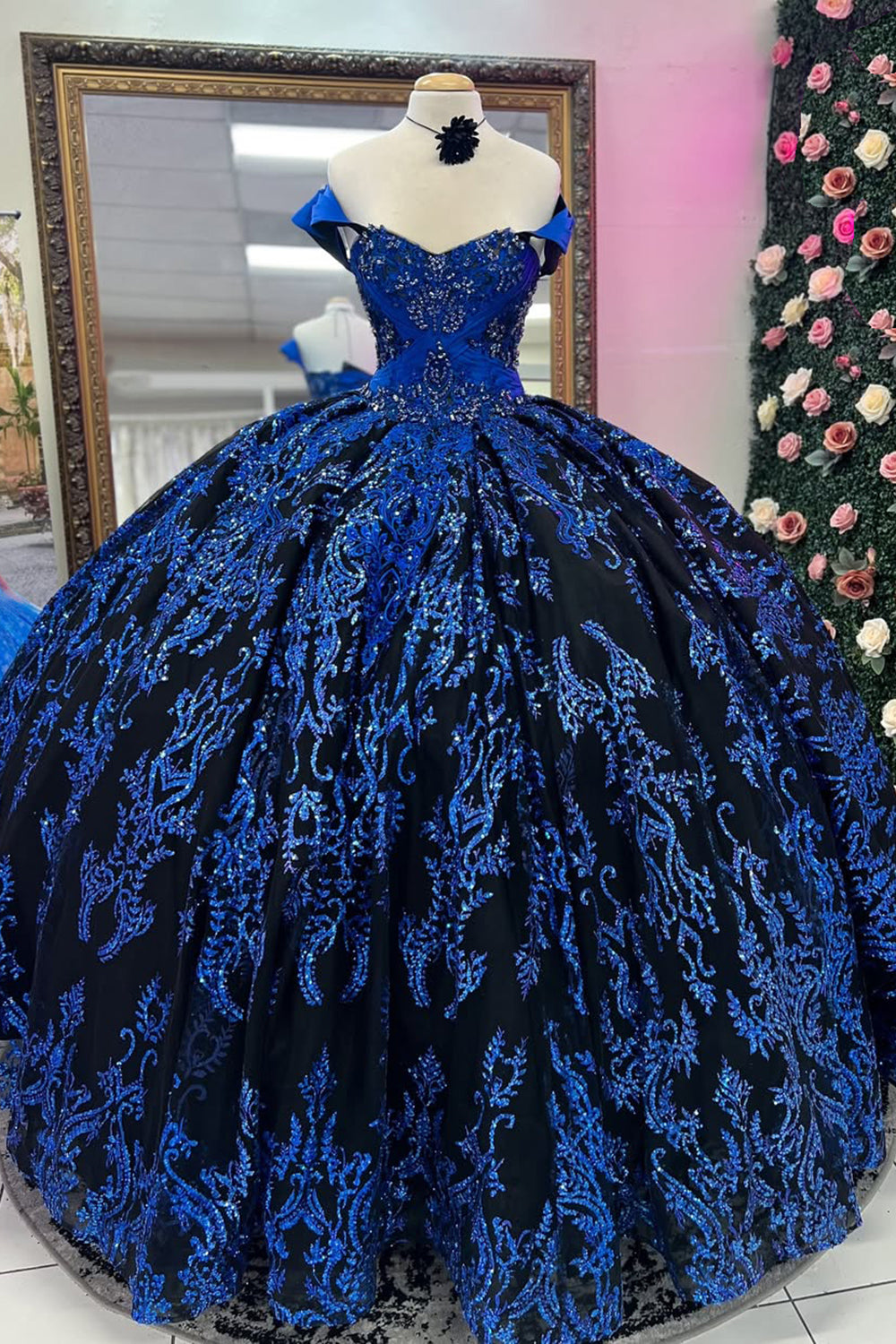 Royal Blue Sparkly Off-the-Shoulder Princess Quinceanera Dress with Sequins and Appliques