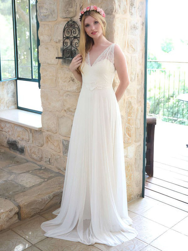 Chic Sleeveless A-Line V-Neck Lace Chiffon Wedding Dresses