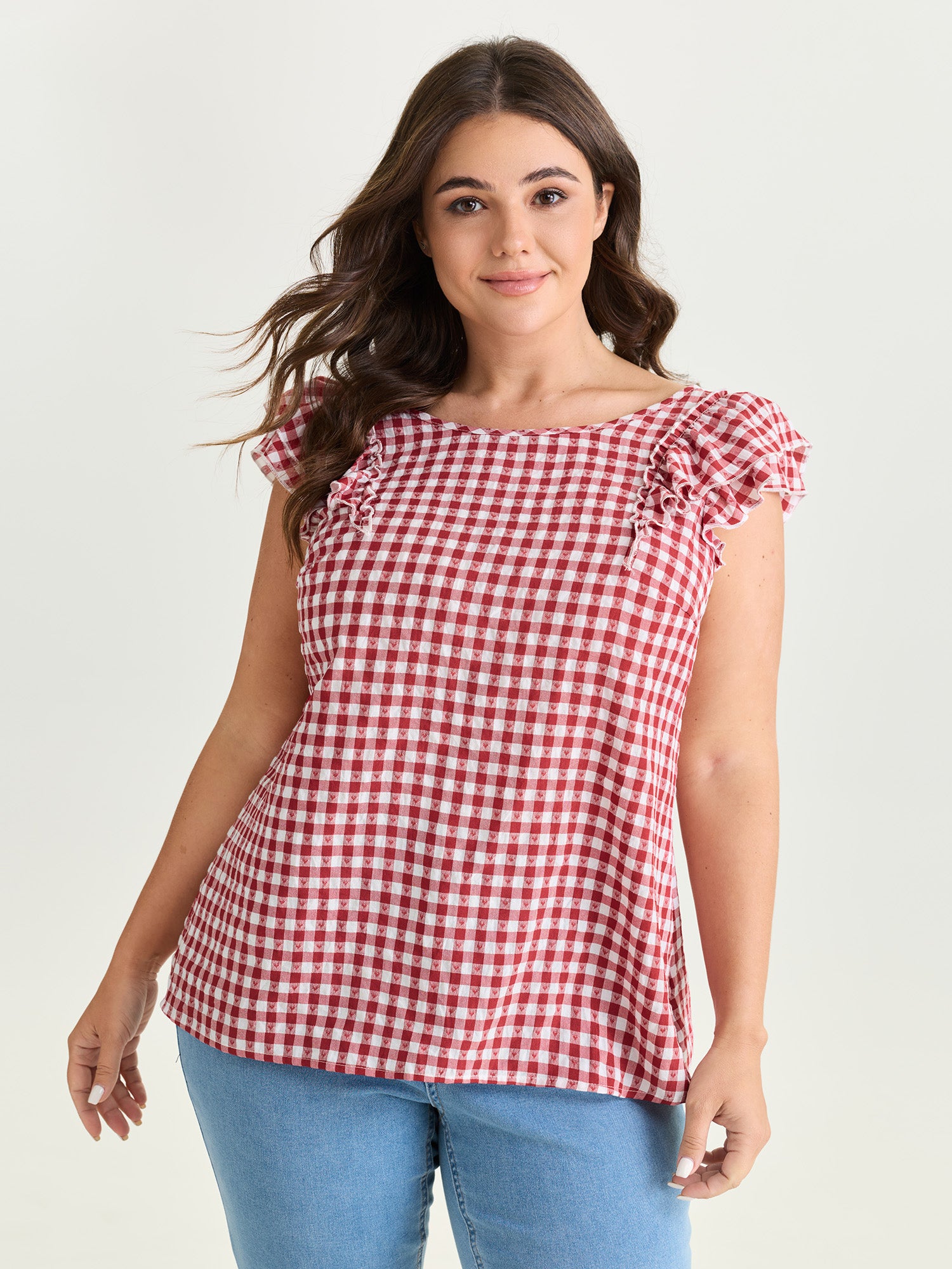 Gingham Print Layered Flutter Sleeve Blouse