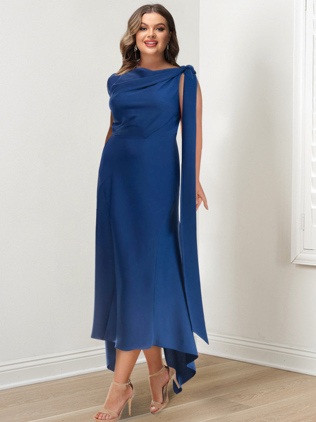Asymmetrical Tea-Length Plus Size Mother of the Bride Sheath Dress with Ruched Details