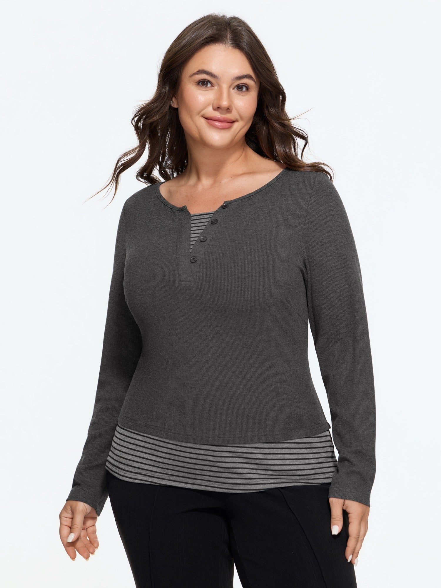 Striped Hem Patchwork Long Sleeve T-Shirt