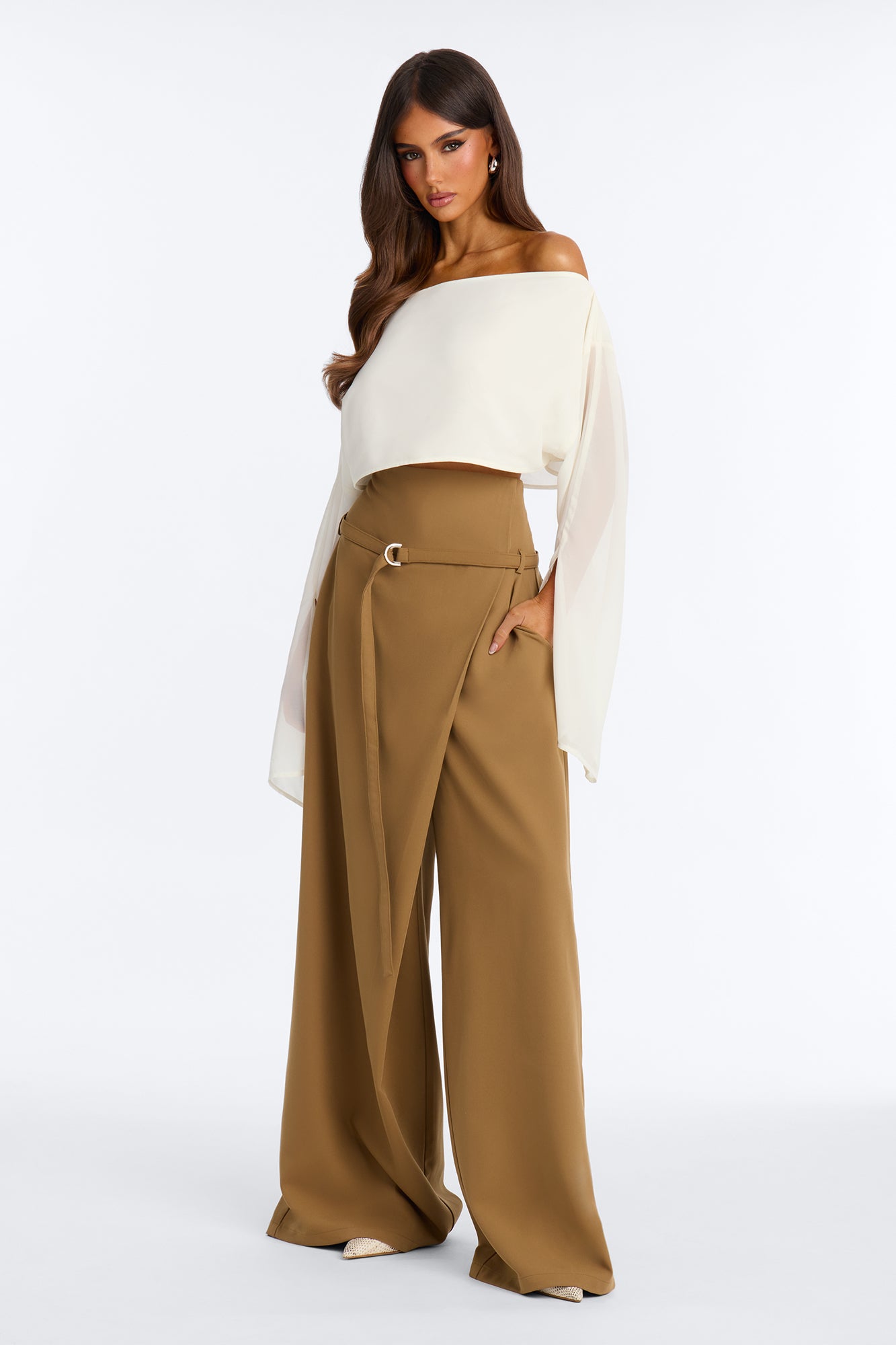 Belene High Rise Paneled Wide Leg Belted Trouser - Camel