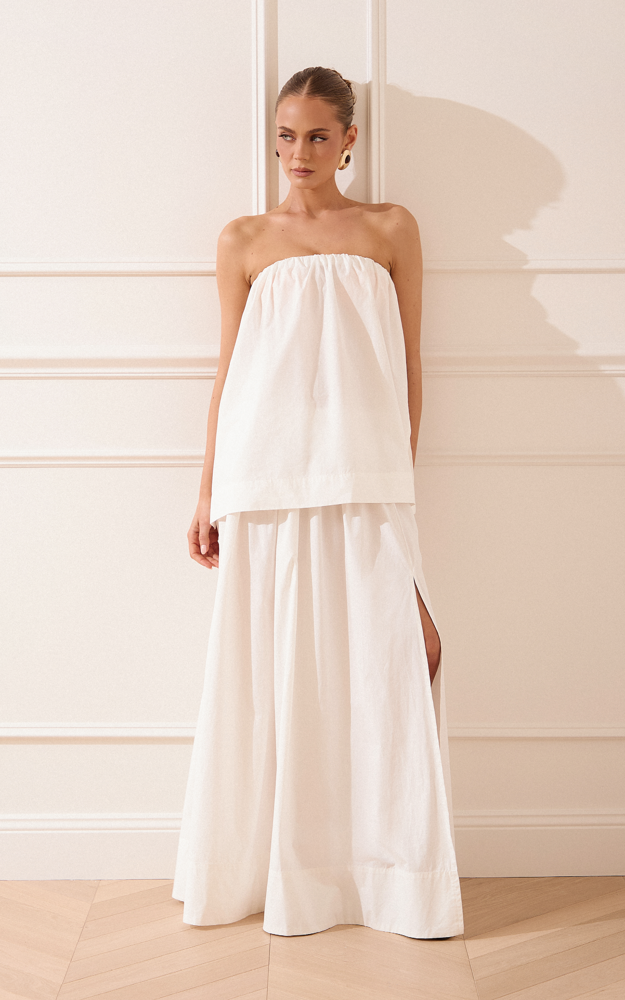 Melody Two Piece Top and Skirt Set - Cotton Strapless Top and Maxi Skirt Set in Off White