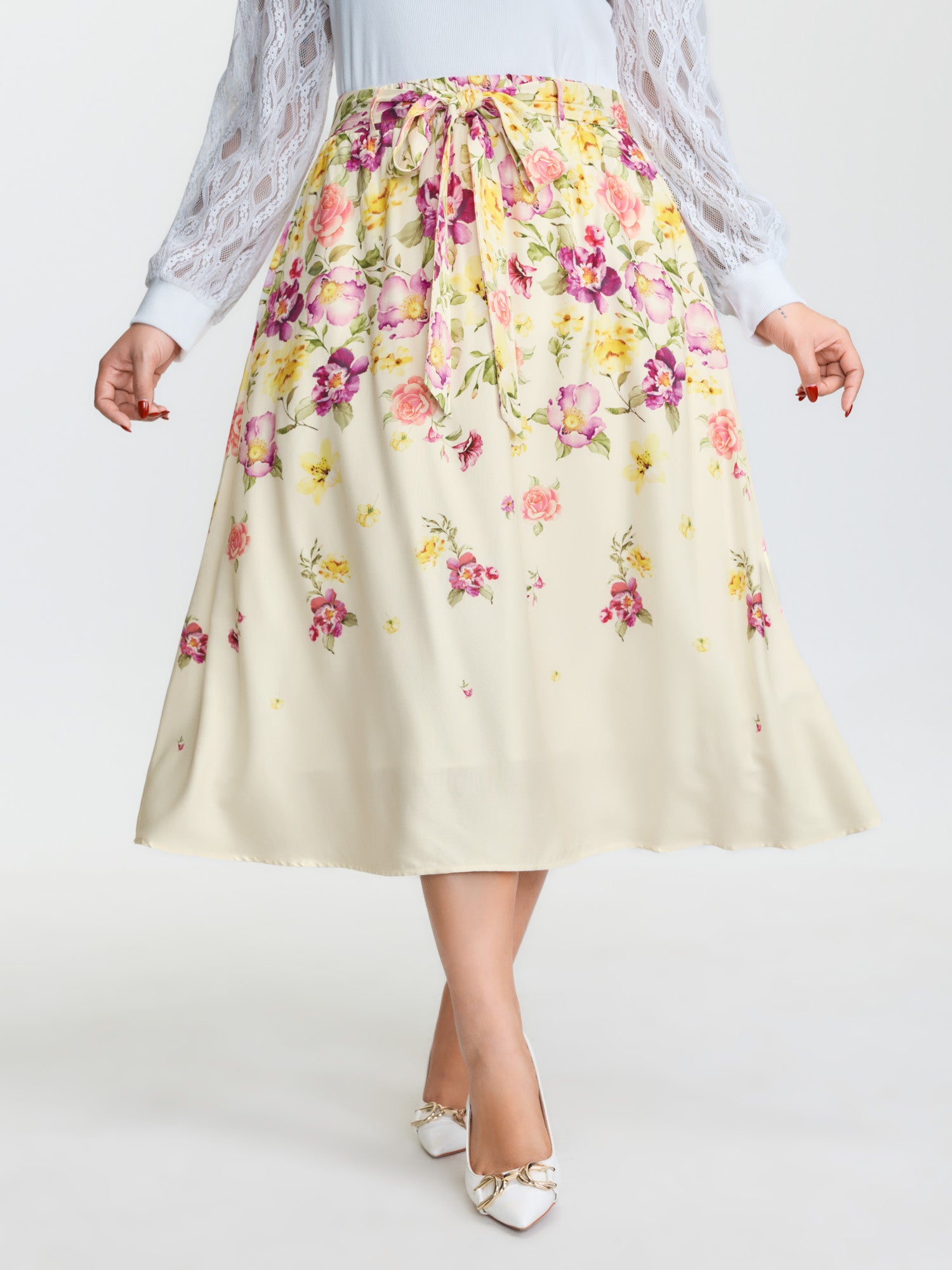 Sweet Floral Print Stretchy Waist Midi Skirt