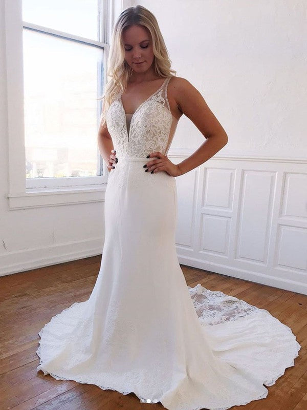 Stylish V-Neck Sleeveless Lace Court Train Wedding Dresses