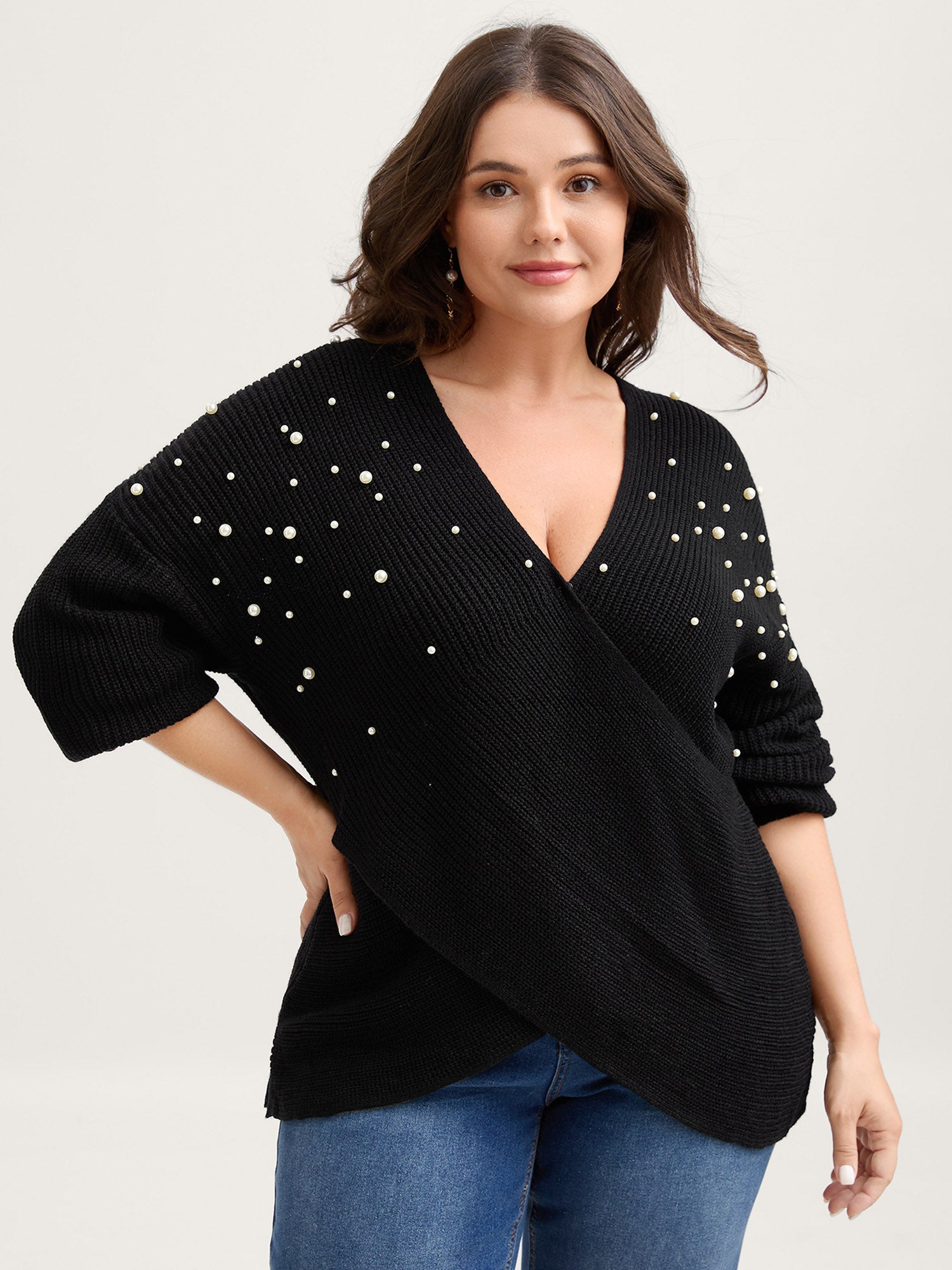 Pearl Beaded Overlap Hem Pullover