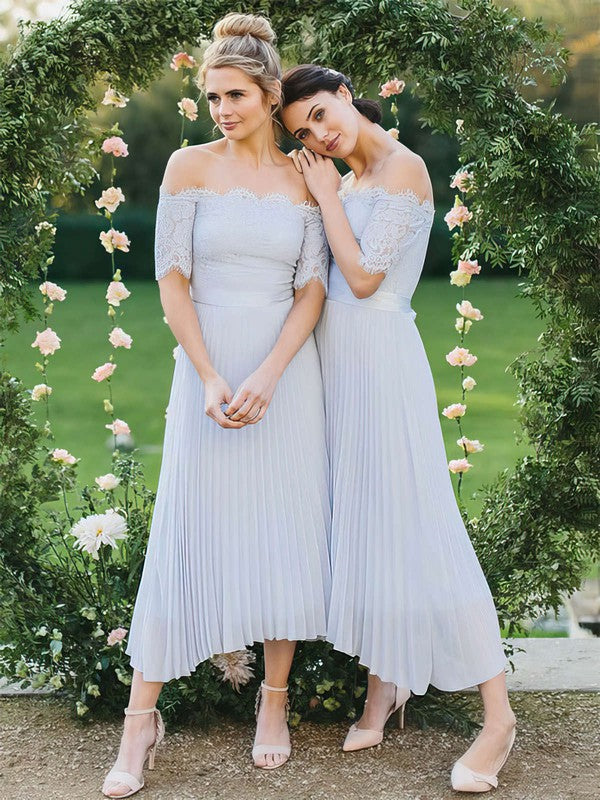 Exquisite Lace Chiffon Off-The-Shoulder A-Line Tea-Length Bridesmaid Dresses with Sash