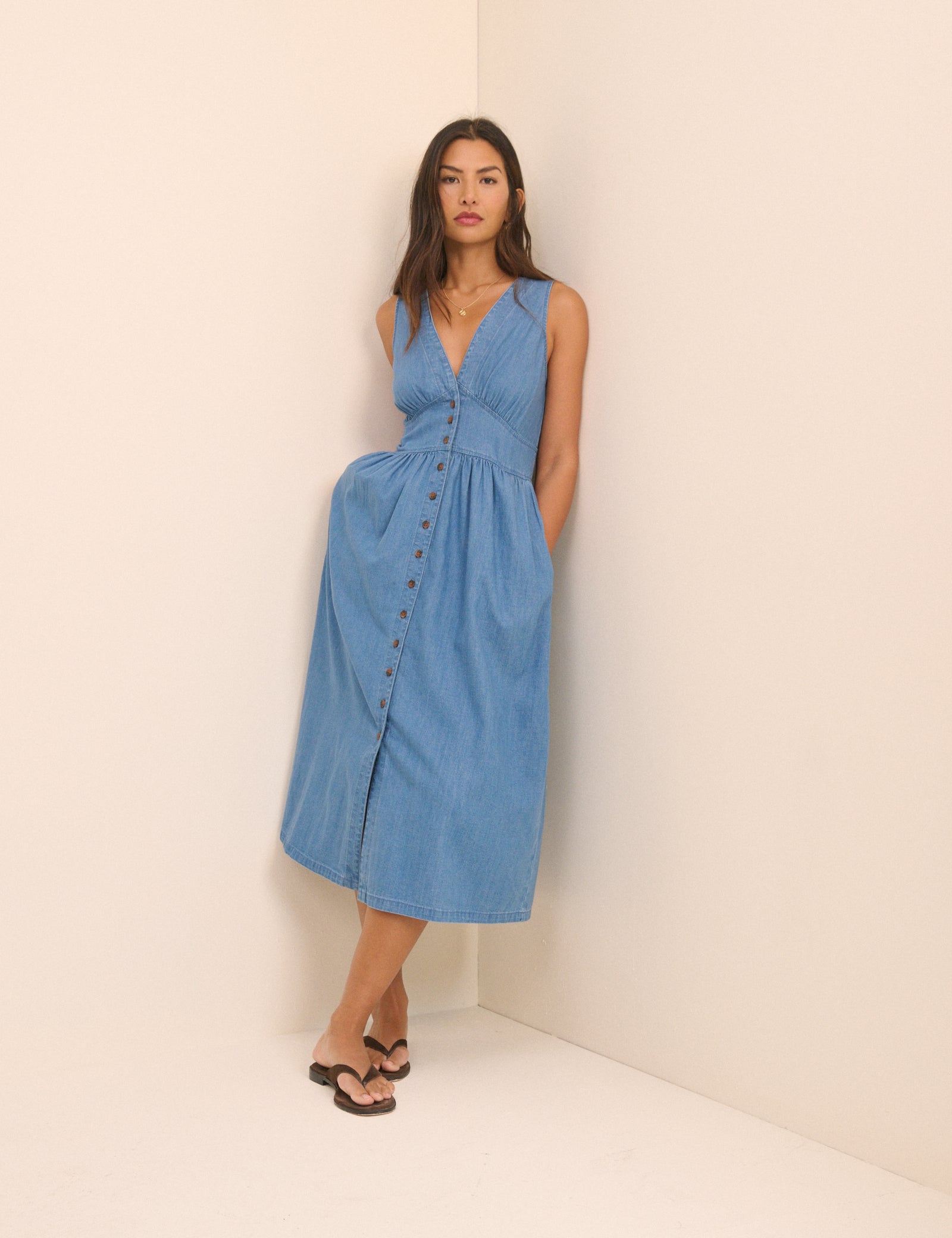 Mid-Wash Blue Denim Sleeveless Starlight Midi Dress