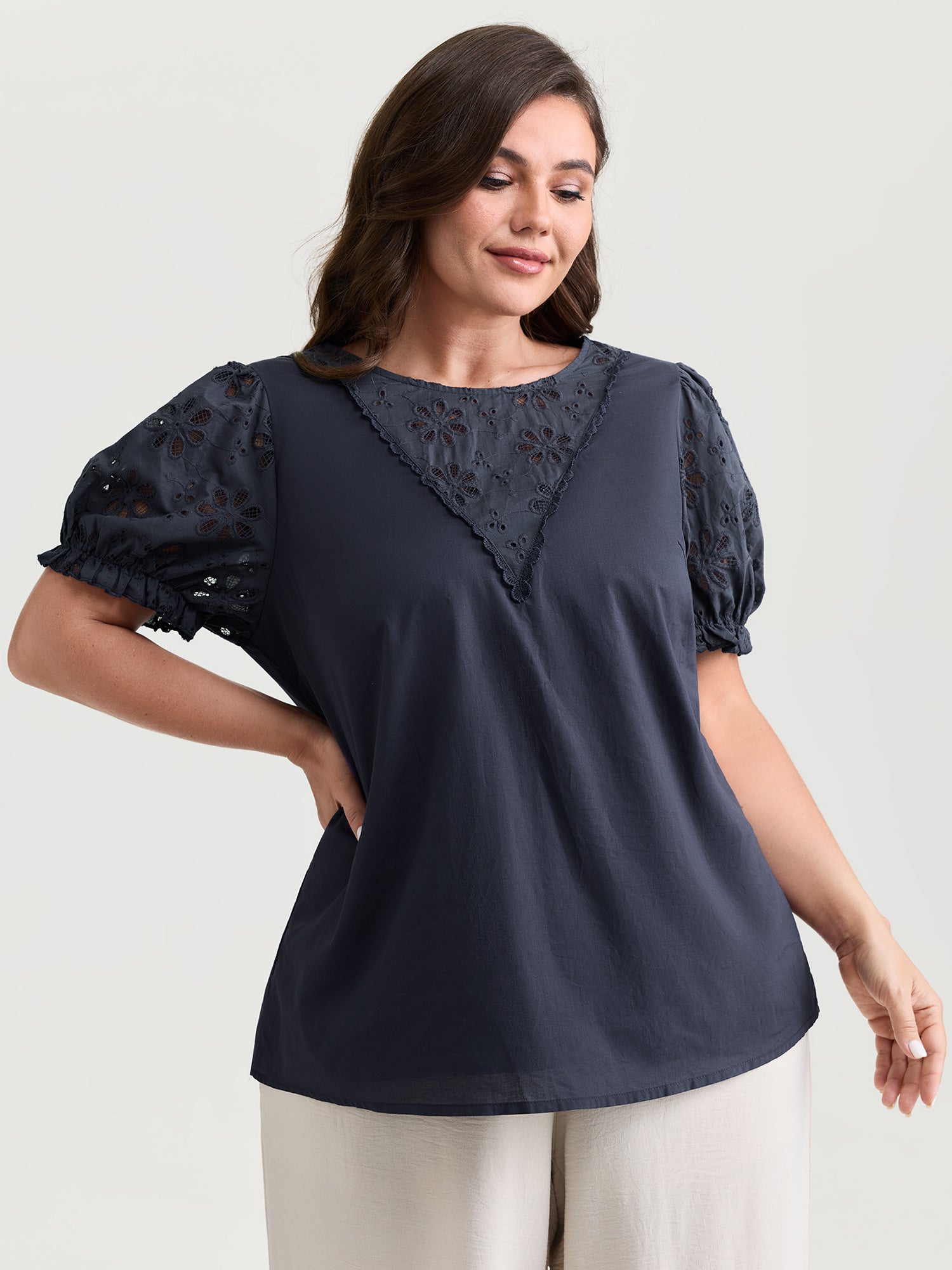 Cotton Sheer Floral Cut-Out Embroidered Blouse