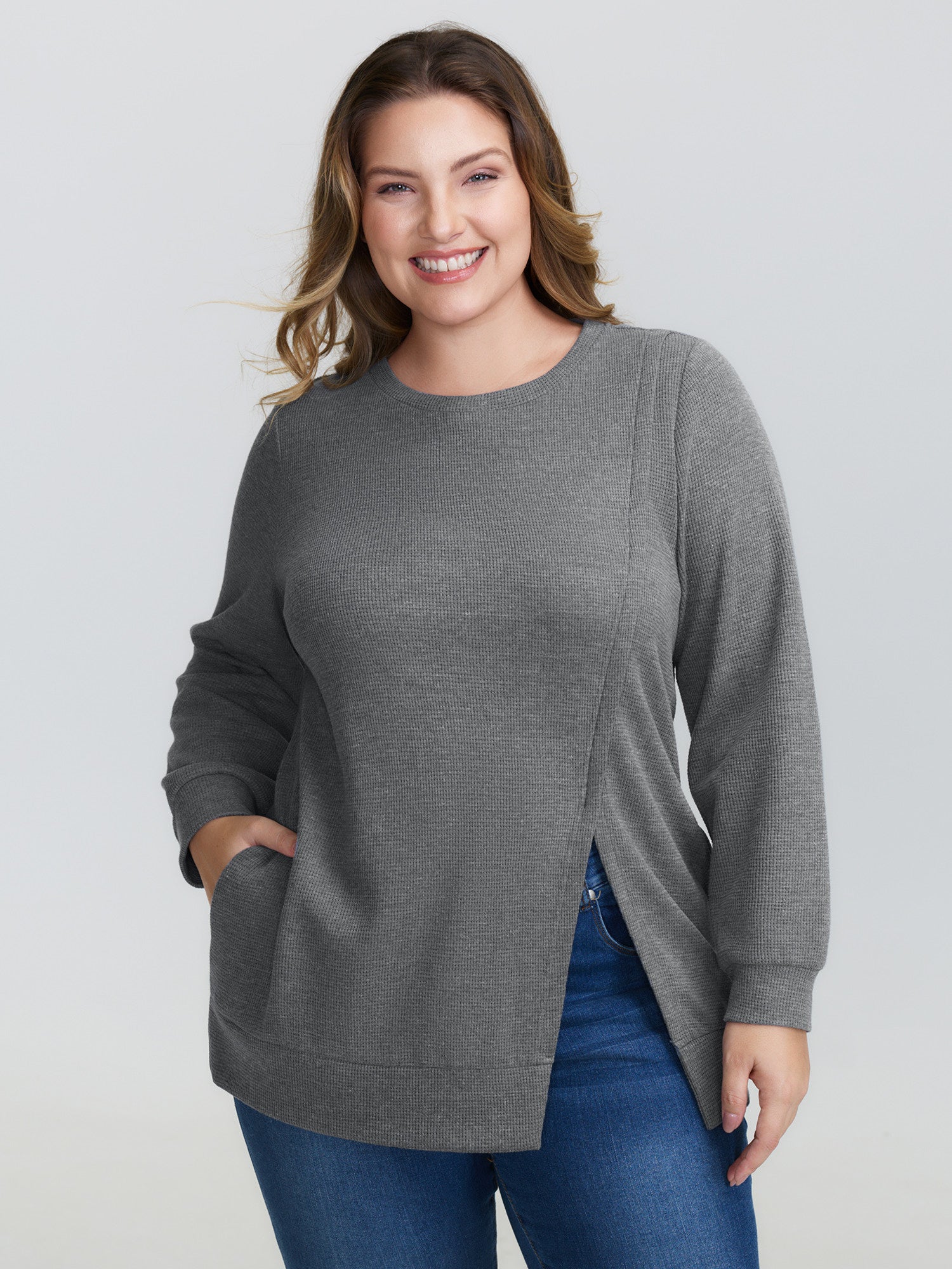 Slit Hem Round Neck Solid Sweatshirt