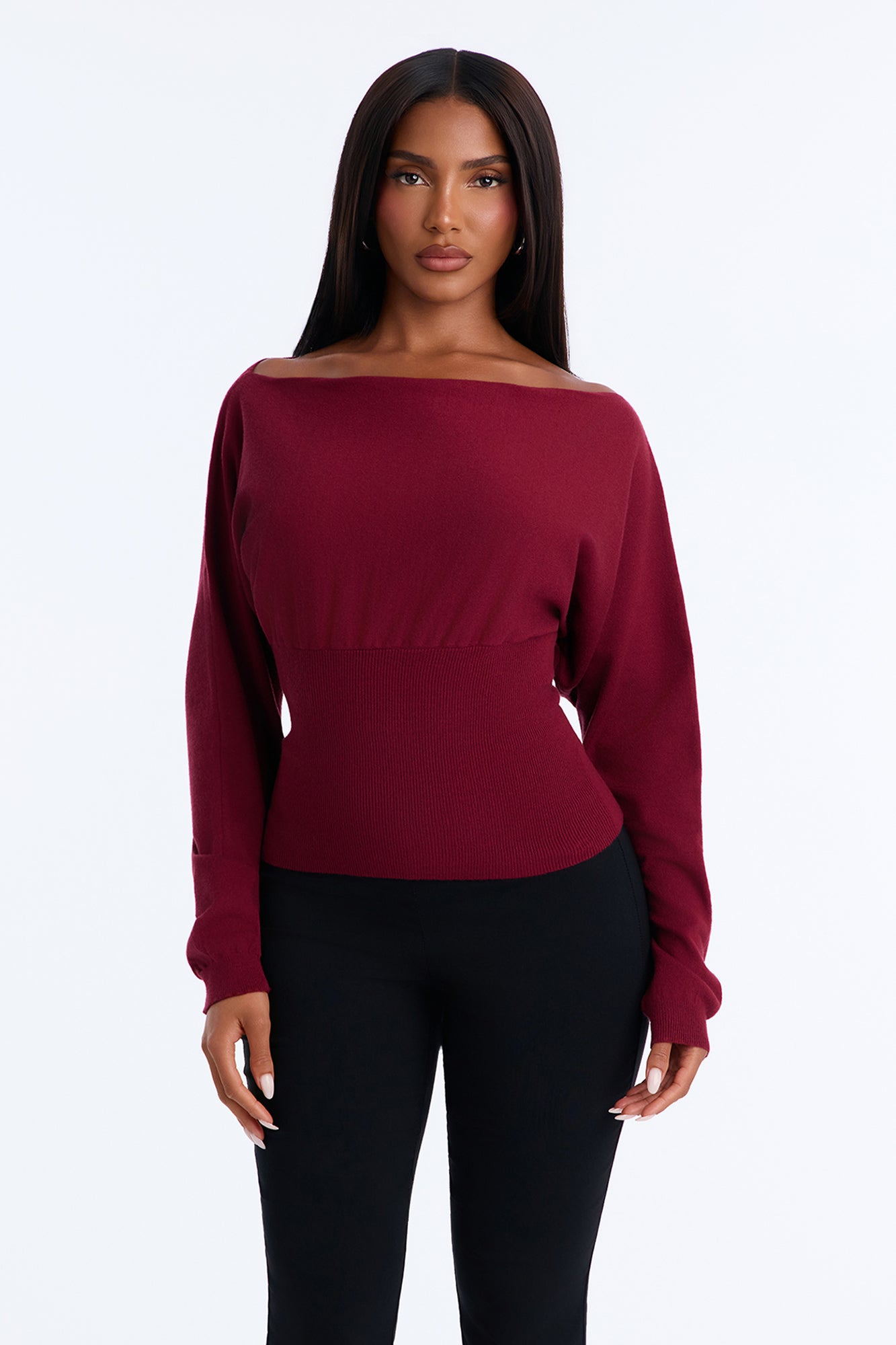 Eileen Off Shoulder Long Sleeve Sweater - Burgundy