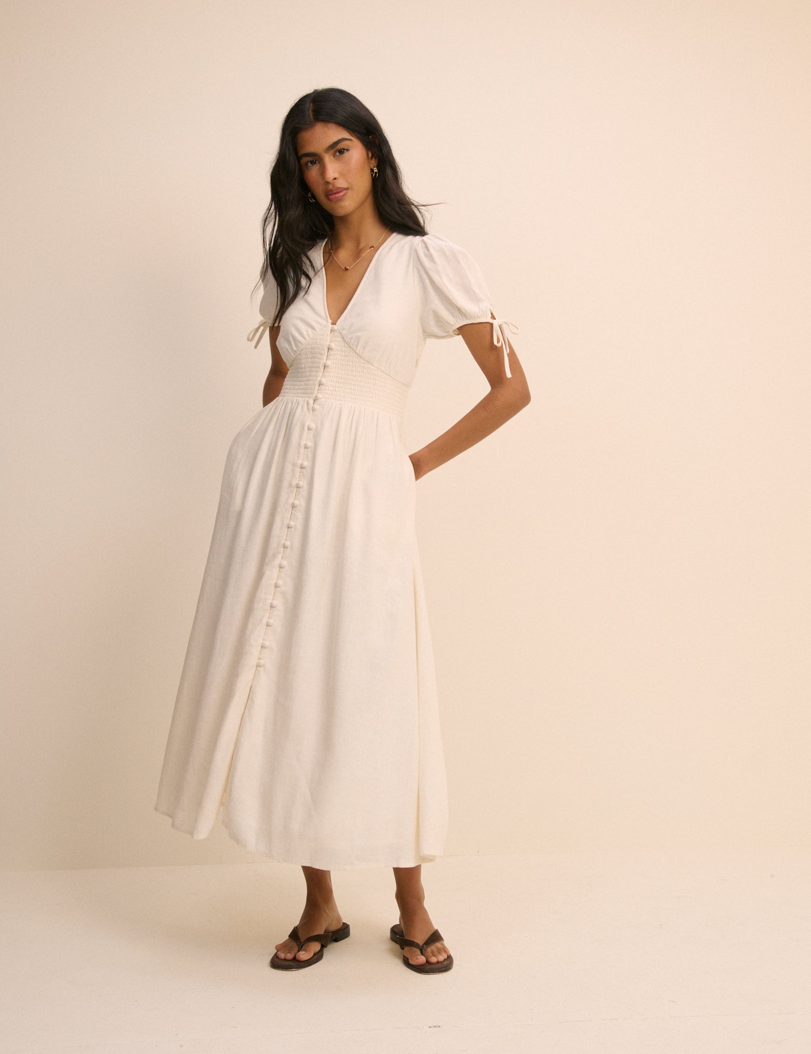 Cream Linen-Rich Button Front Ezra Midi Dress